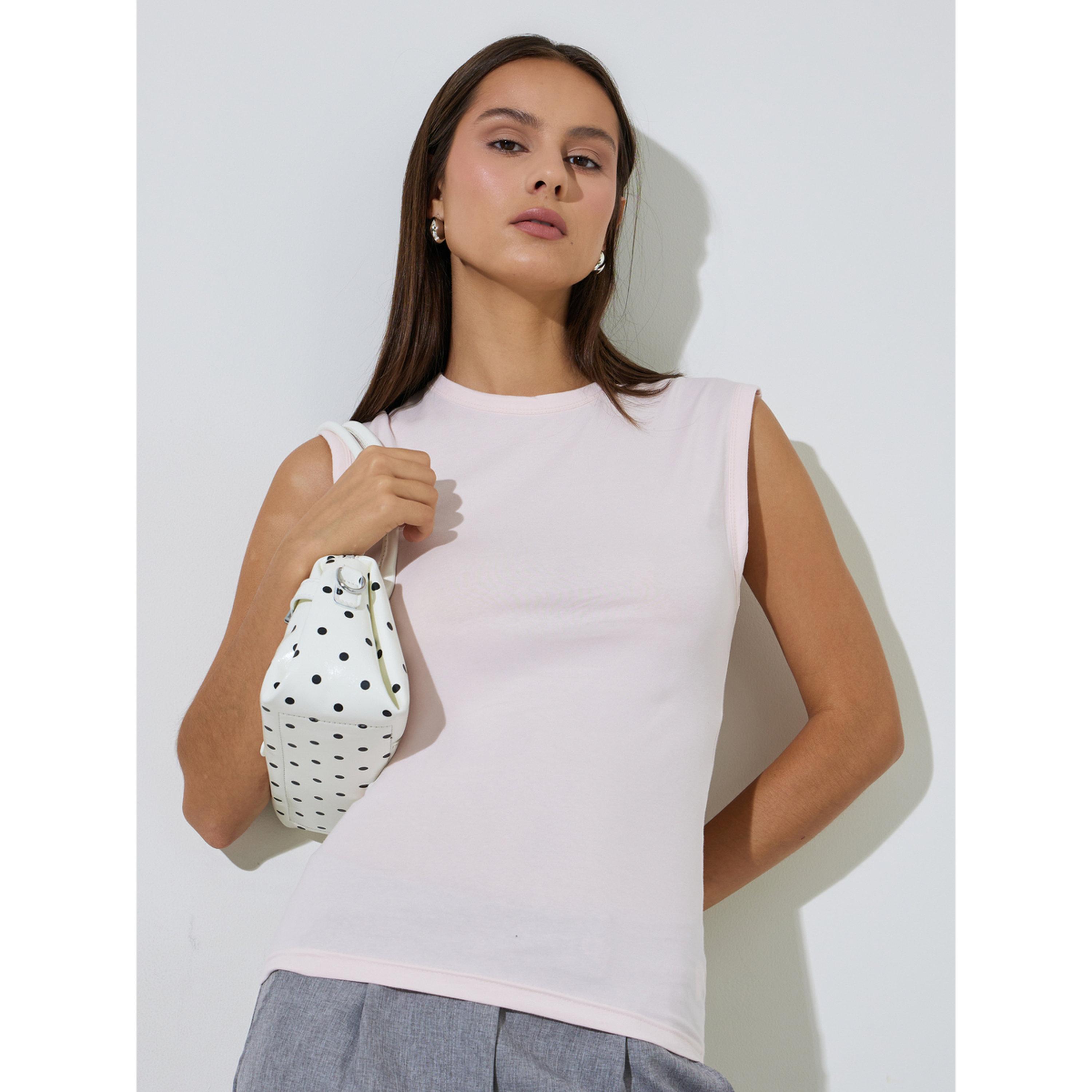 Styli Pink Solid Round Neck Fitted Tank Top-women-clothing-shirtsandblouses-blouses-image-4
