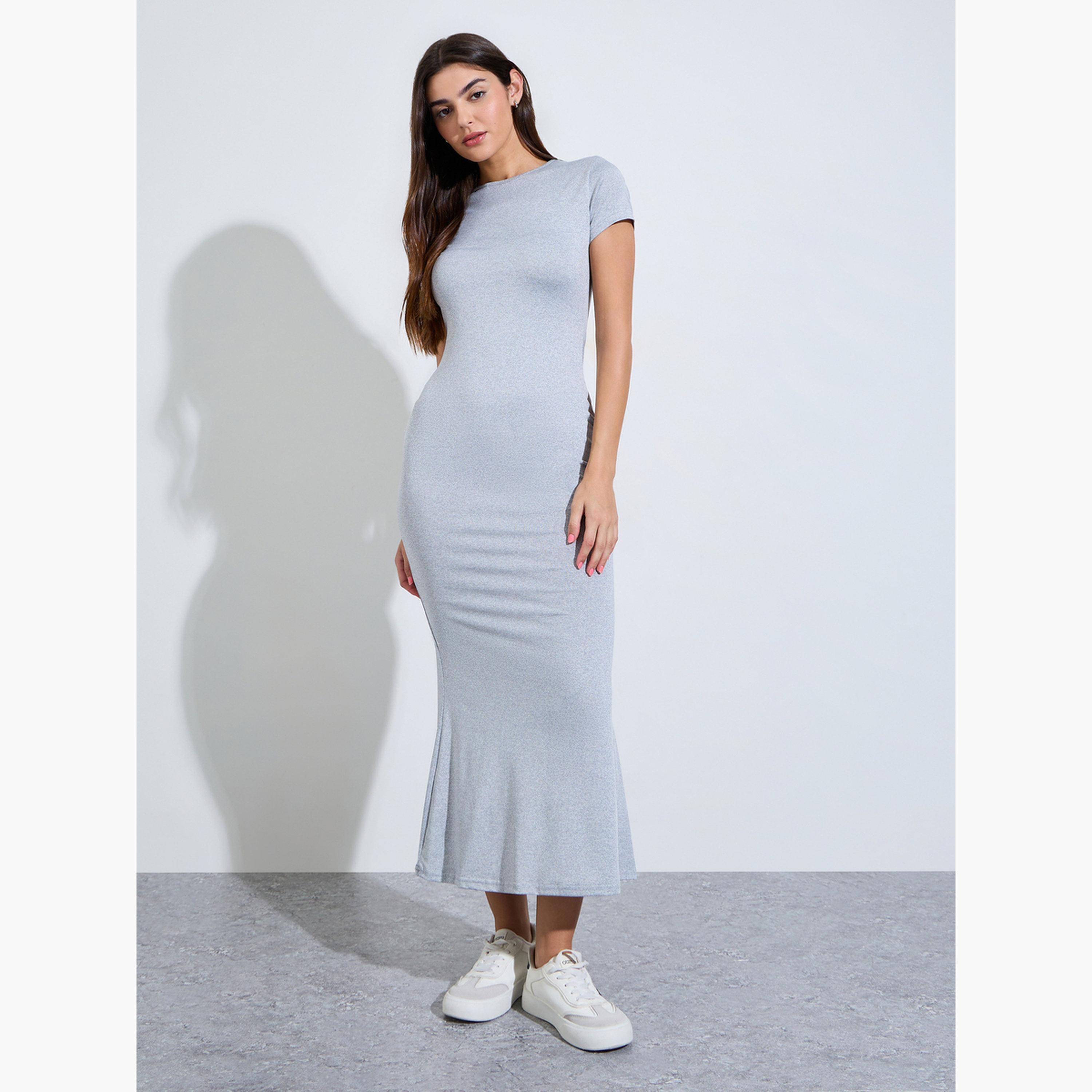 فستان ميدي ضيق وأكمام قصيرة سادة-women-clothing-dresses-image-3