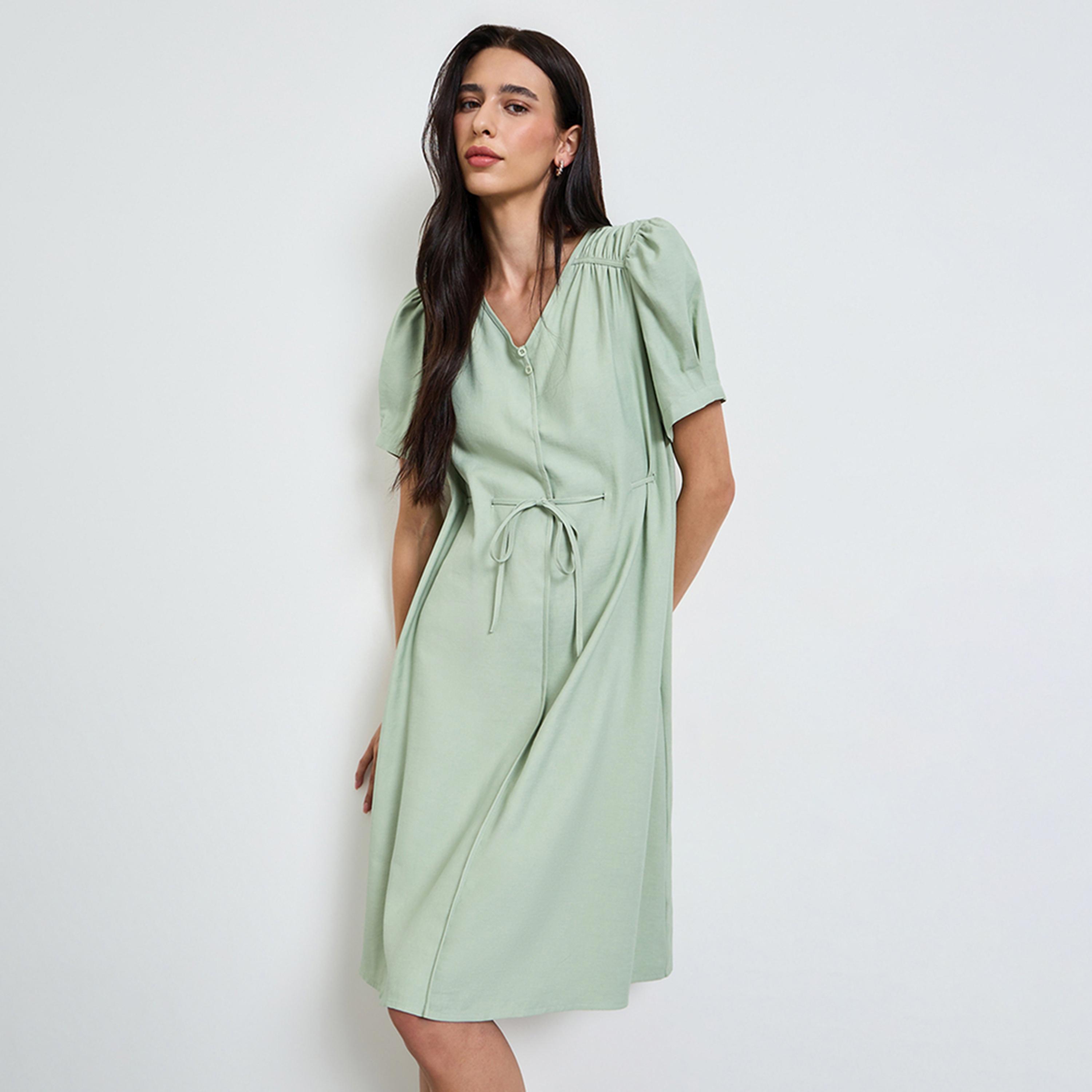 Styli Green Solid Knee Length Dress with Drawstring-women-clothing-dresses-image-1