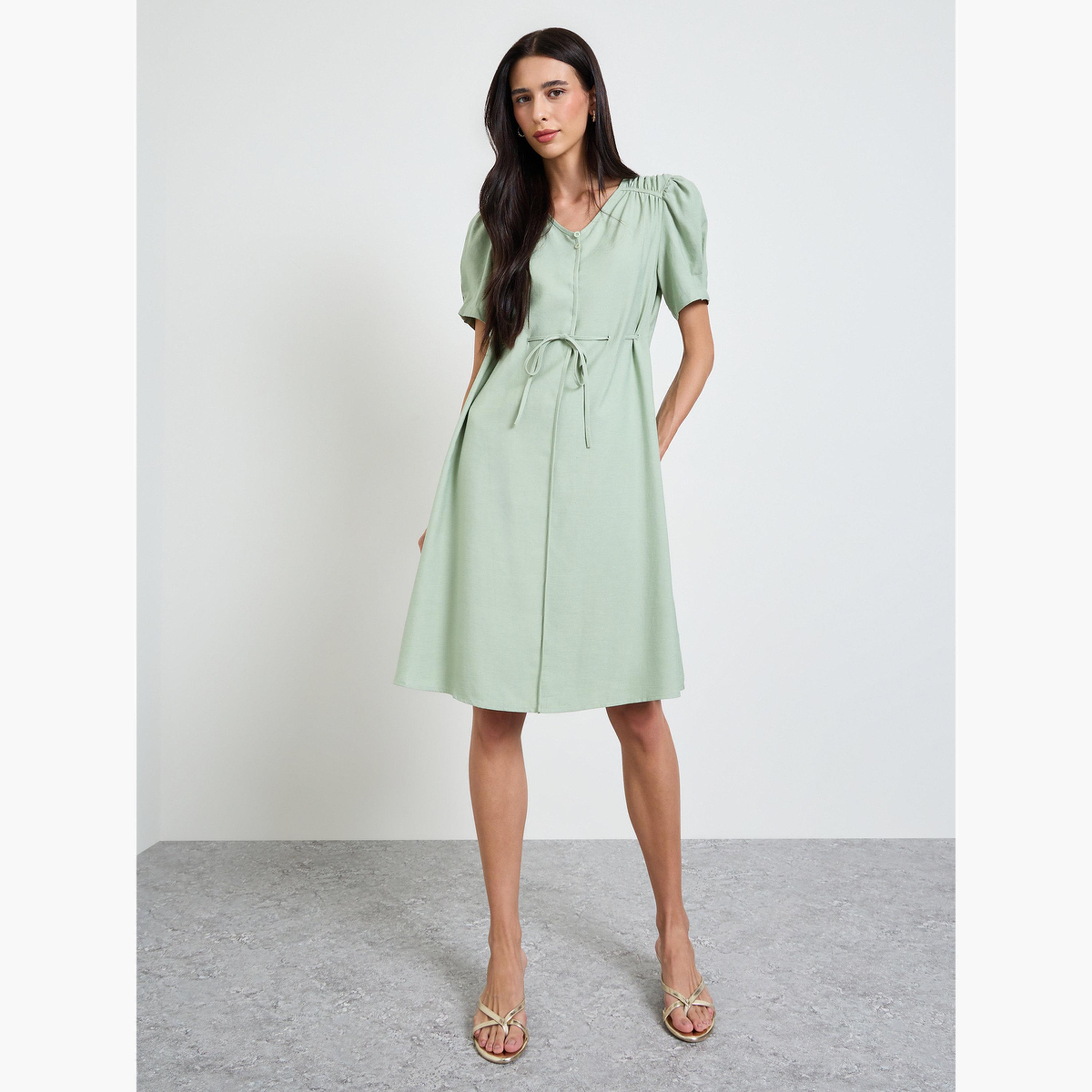 Styli Green Solid Knee Length Dress with Drawstring-women-clothing-dresses-image-2
