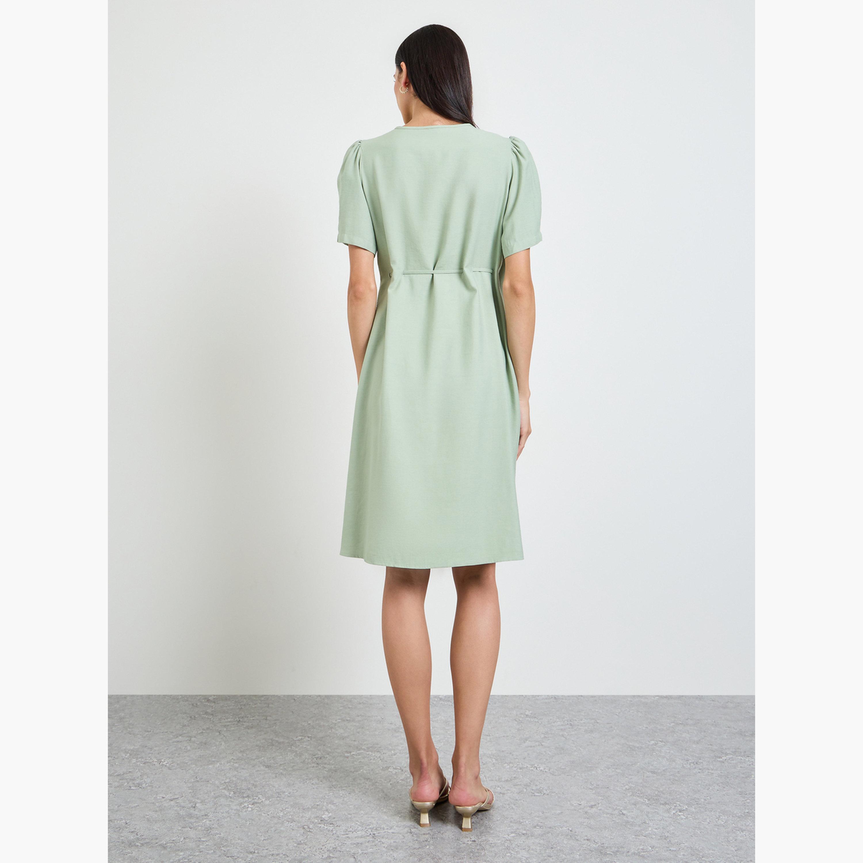 Styli Green Solid Knee Length Dress with Drawstring-women-clothing-dresses-image-3