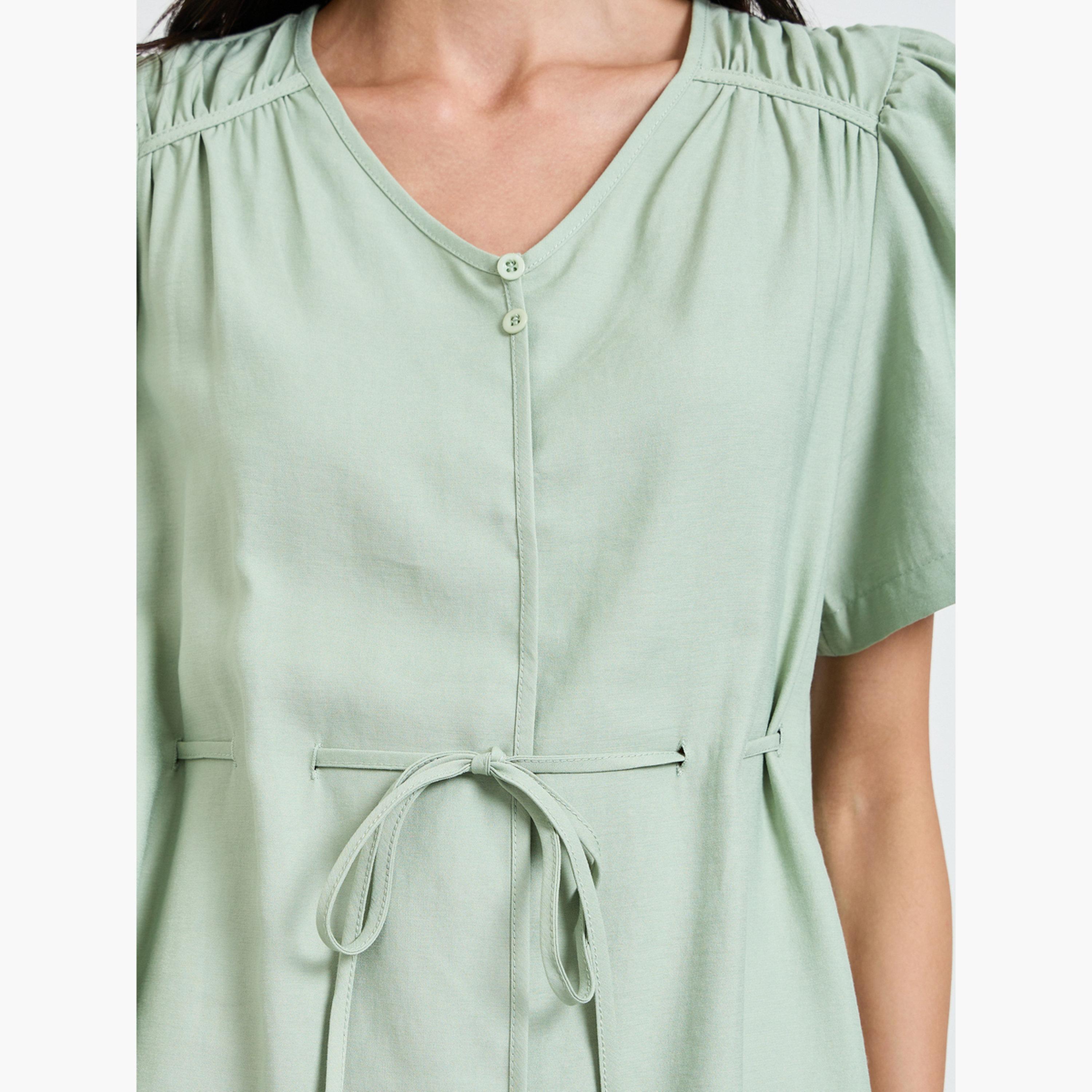 Styli Green Solid Knee Length Dress with Drawstring-women-clothing-dresses-image-4