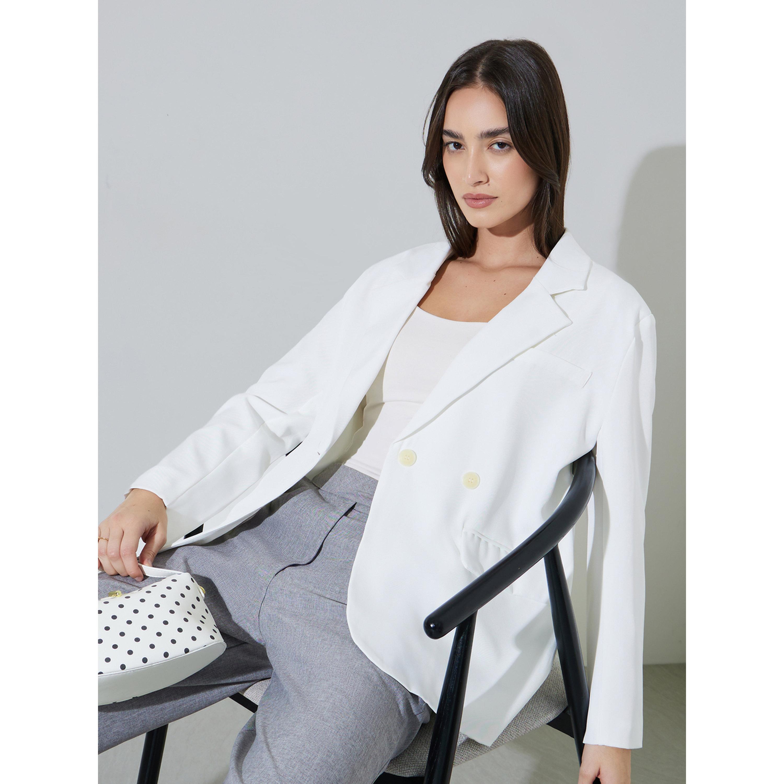 Styli White Solid Double-Breasted Loose Fit Blazer-women-clothing-coatsandjackets-blazers-image-4