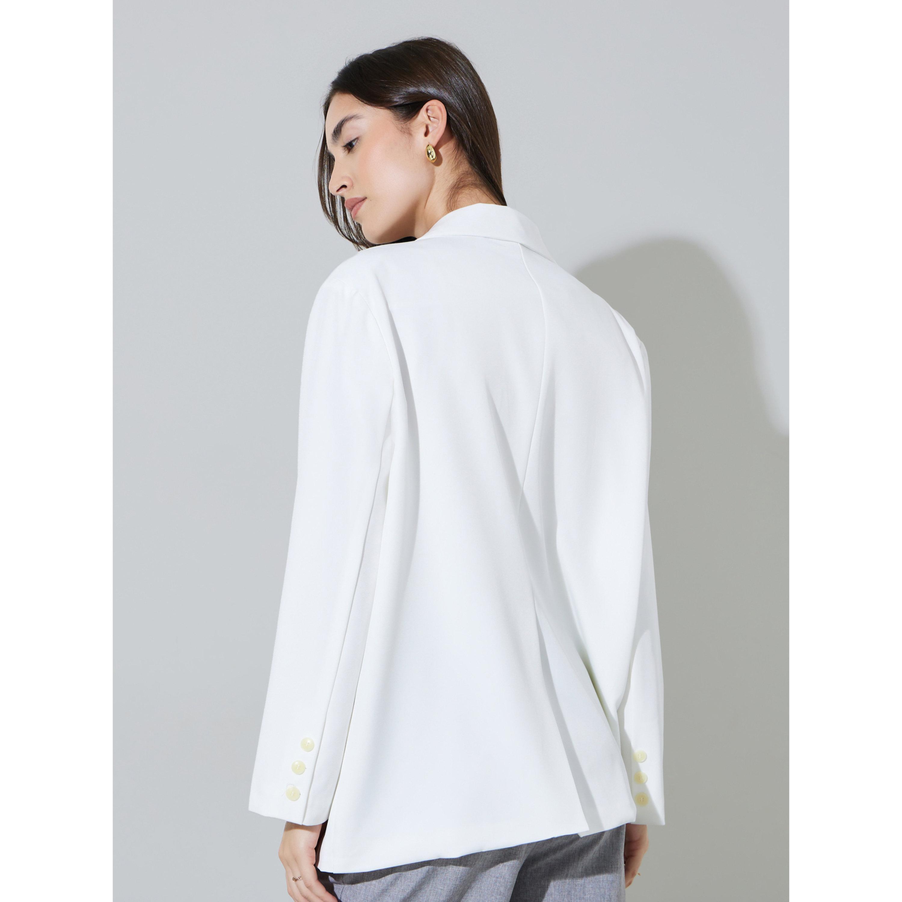 Styli White Solid Double-Breasted Loose Fit Blazer-women-clothing-coatsandjackets-blazers-image-5