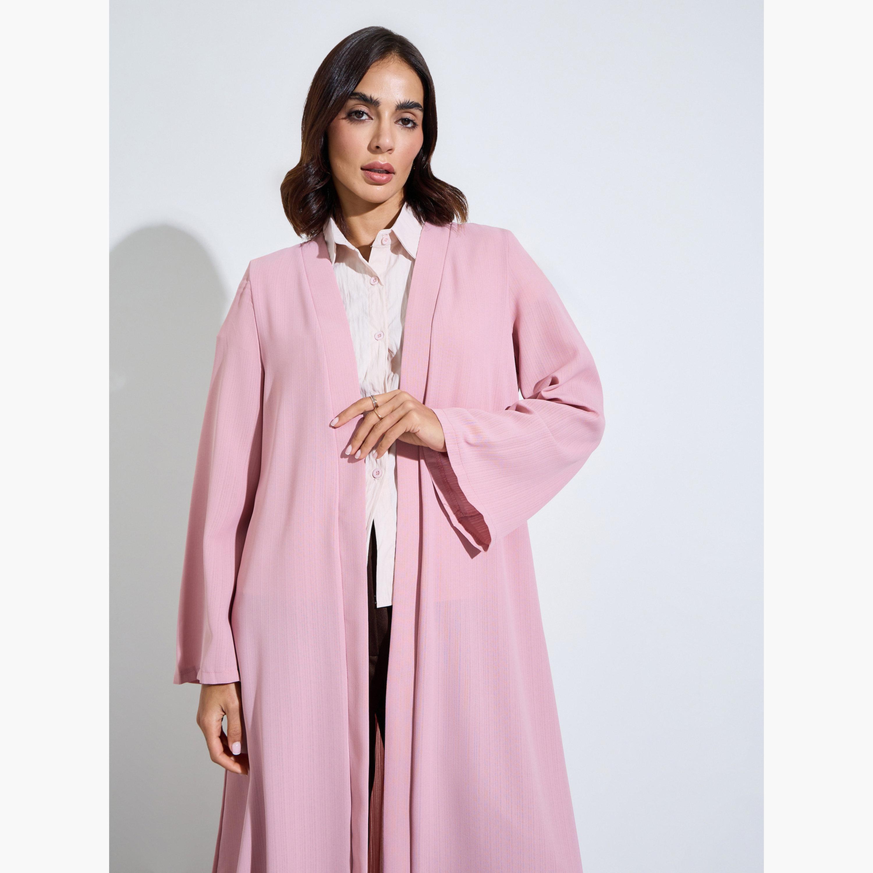 عباية مفتوحة من الأمام بتفاصيل كسرات خلفية لون وردي فاتح-women-arabicclothing-abayas-image-2