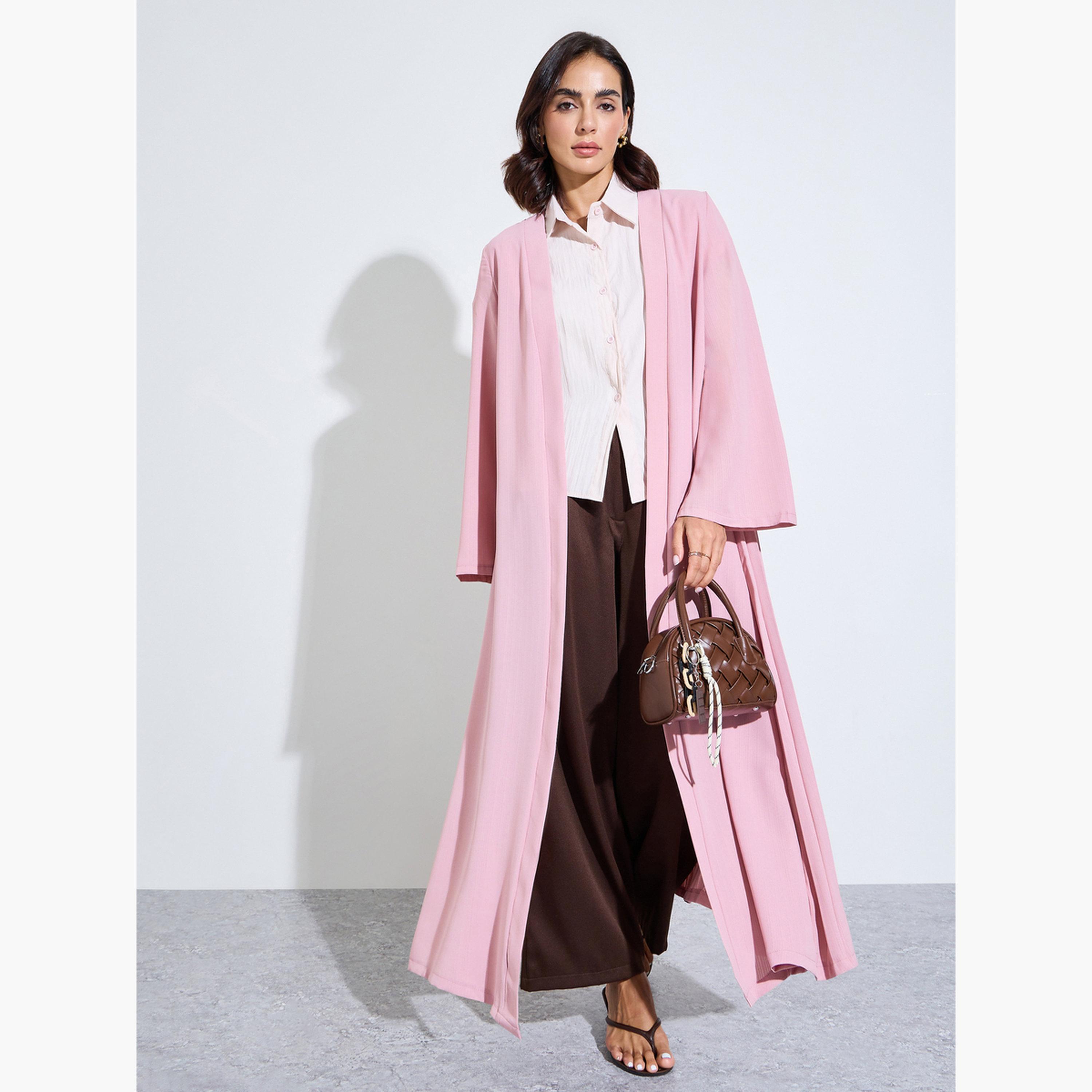 عباية مفتوحة من الأمام بتفاصيل كسرات خلفية لون وردي فاتح-women-arabicclothing-abayas-image-3