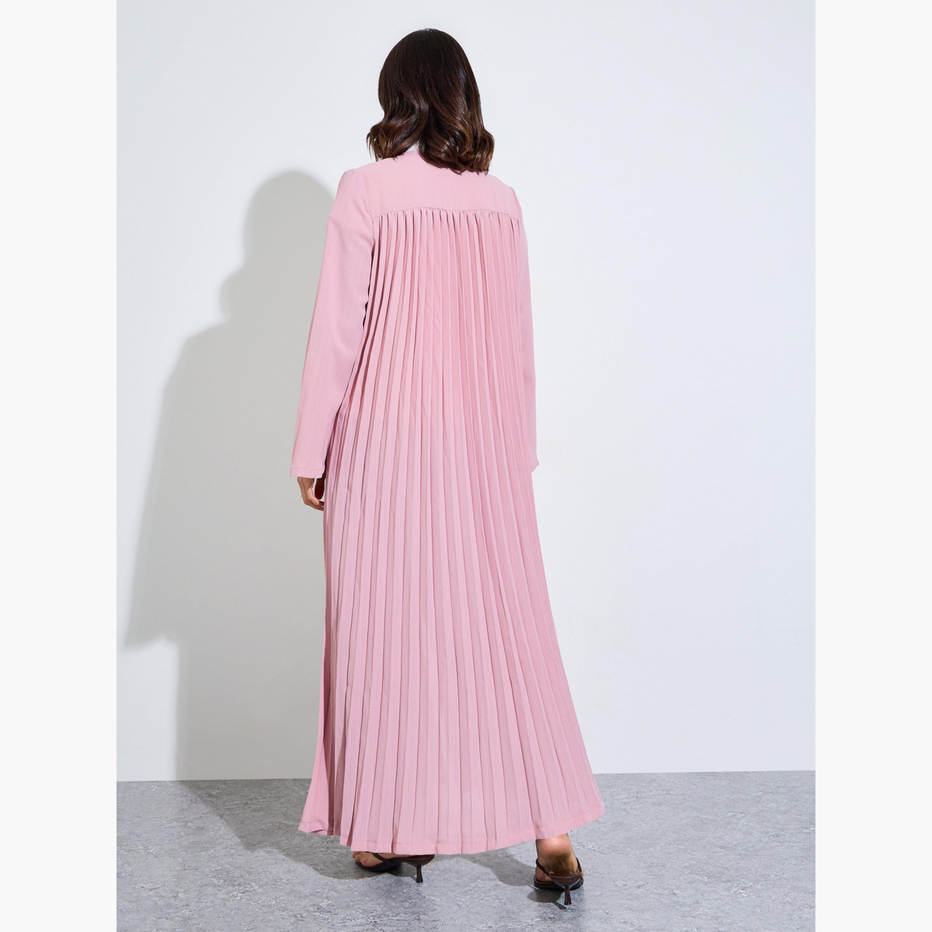 عباية مفتوحة من الأمام بتفاصيل كسرات خلفية لون وردي فاتح-women-arabicclothing-abayas-image-4