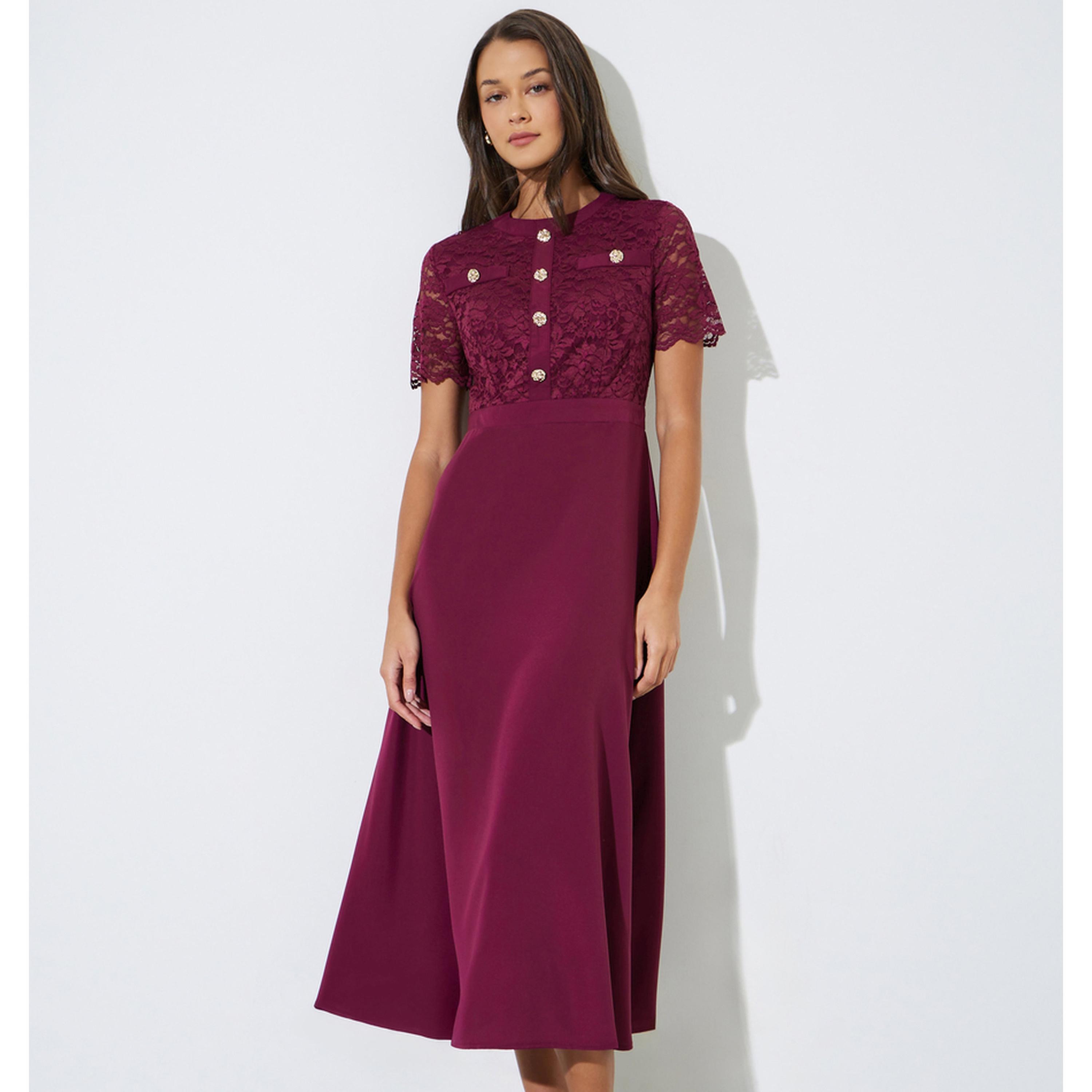 فستان ميدي بحافة واسعة بورغندي بتفاصيل دانتيل وأزرار-women-clothing-dresses-image-1