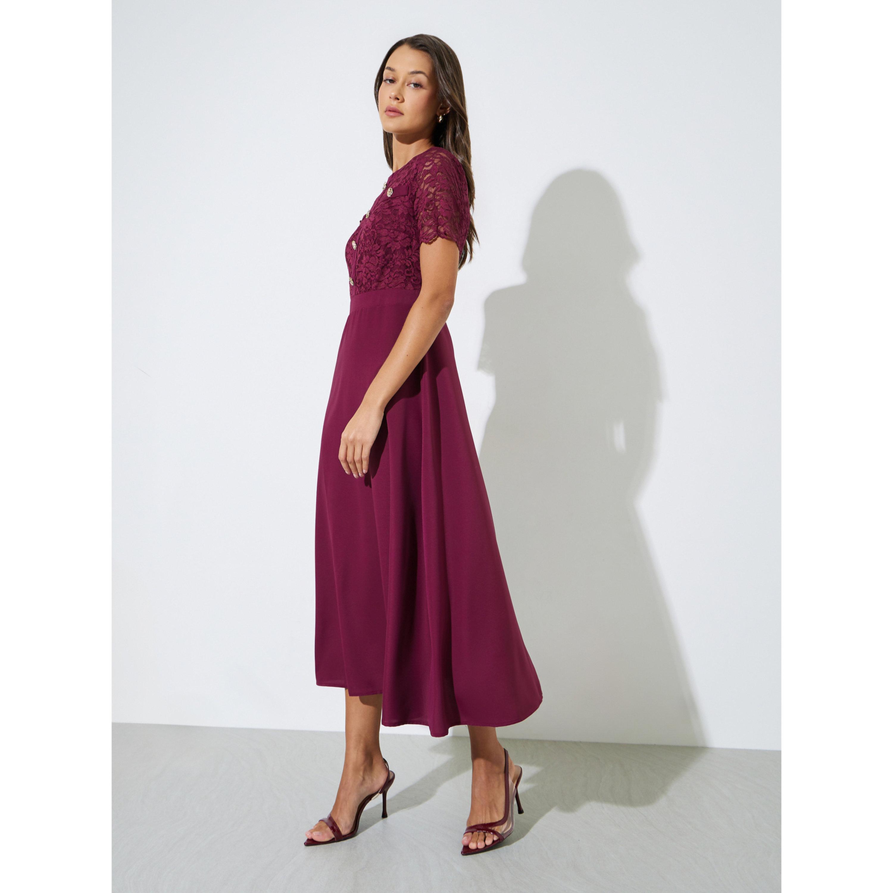 فستان ميدي بحافة واسعة بورغندي بتفاصيل دانتيل وأزرار-women-clothing-dresses-image-2