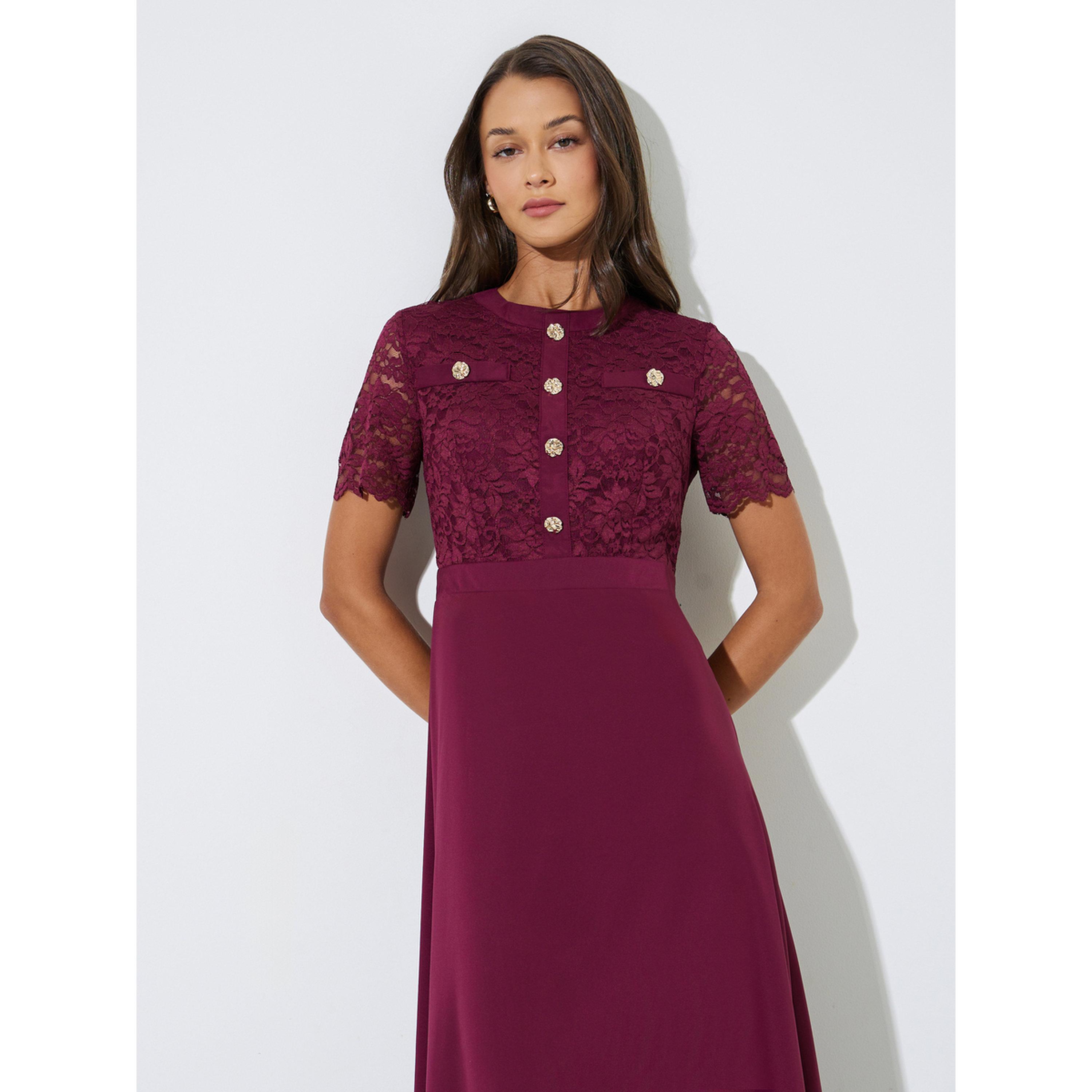 فستان ميدي بحافة واسعة بورغندي بتفاصيل دانتيل وأزرار-women-clothing-dresses-image-3