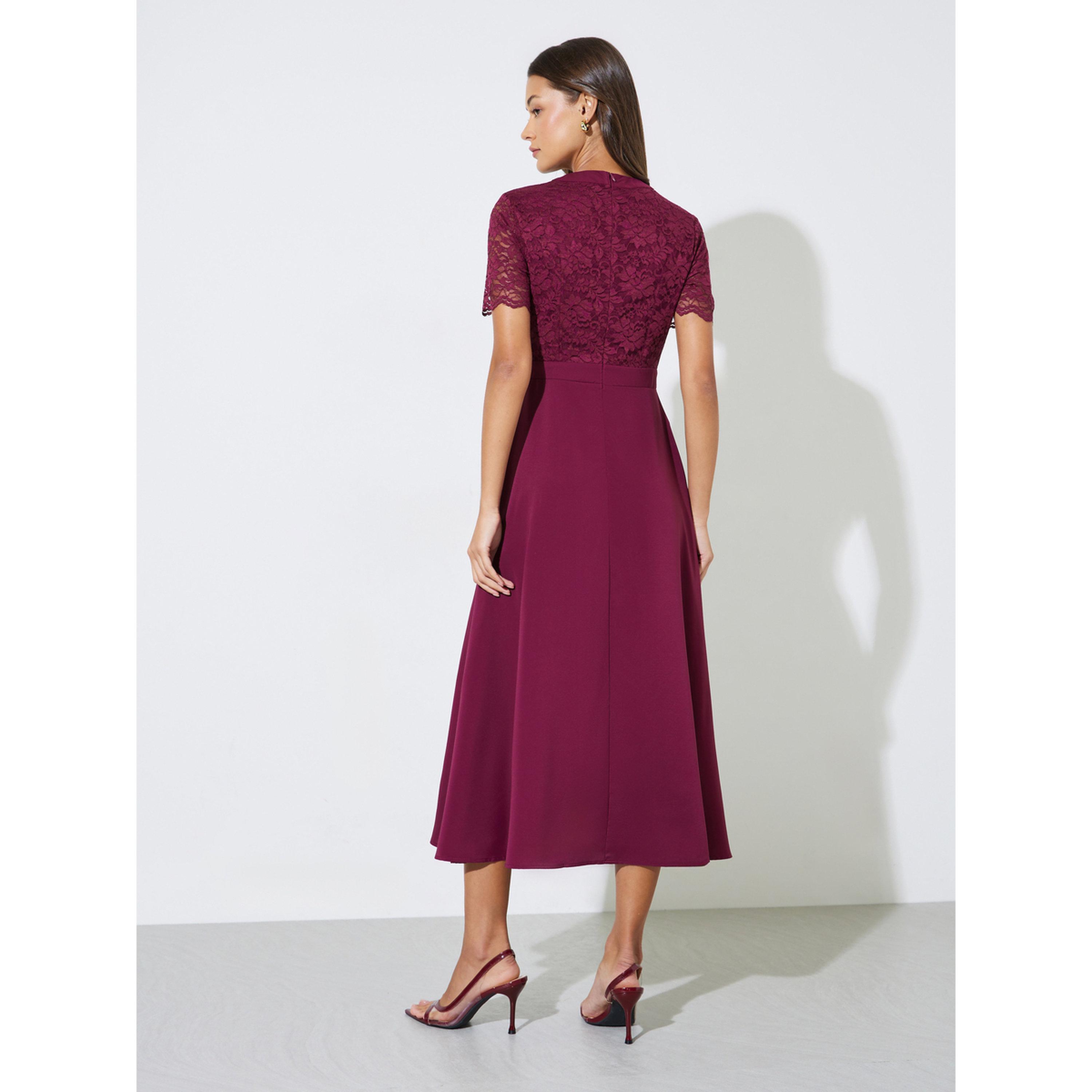 فستان ميدي بحافة واسعة بورغندي بتفاصيل دانتيل وأزرار-women-clothing-dresses-image-4