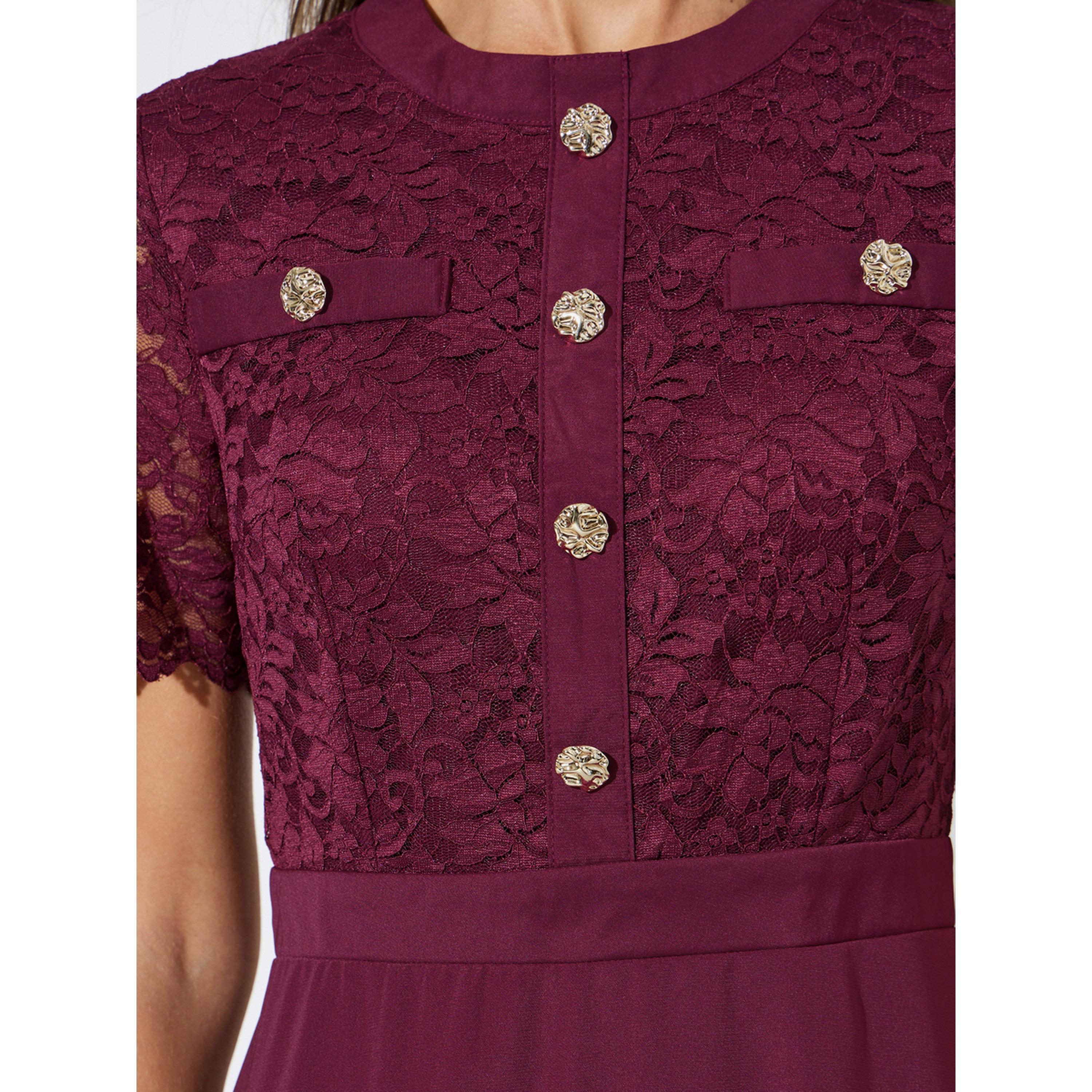فستان ميدي بحافة واسعة بورغندي بتفاصيل دانتيل وأزرار-women-clothing-dresses-image-5