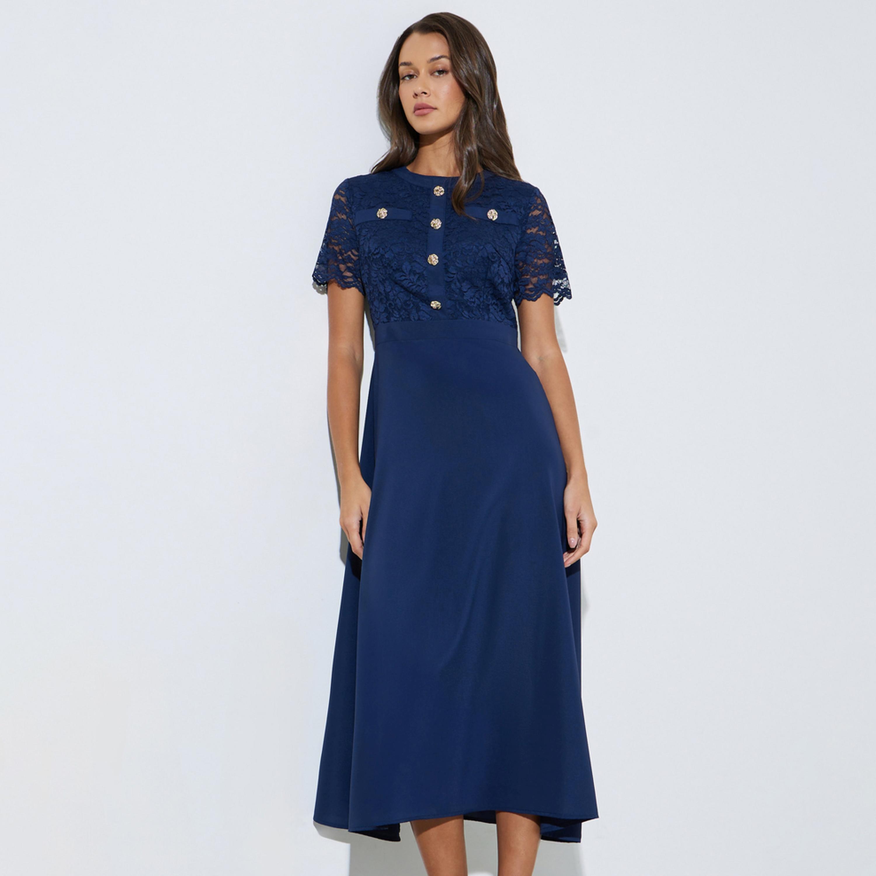 Styli Navy Blue Lace and Button Details A-Line Midi Dress-women-clothing-dresses-image-1