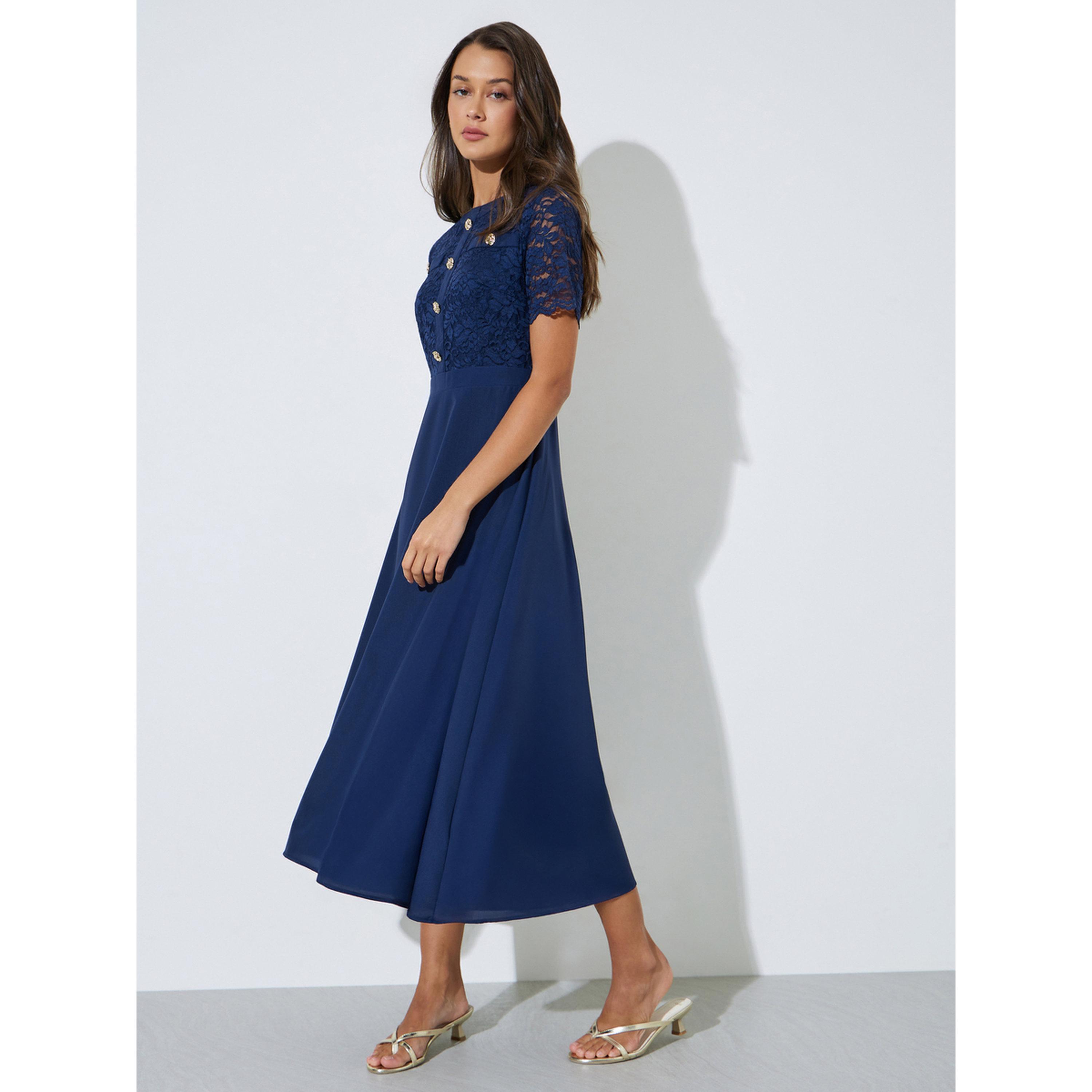 Styli Navy Blue Lace and Button Details A-Line Midi Dress-women-clothing-dresses-image-2