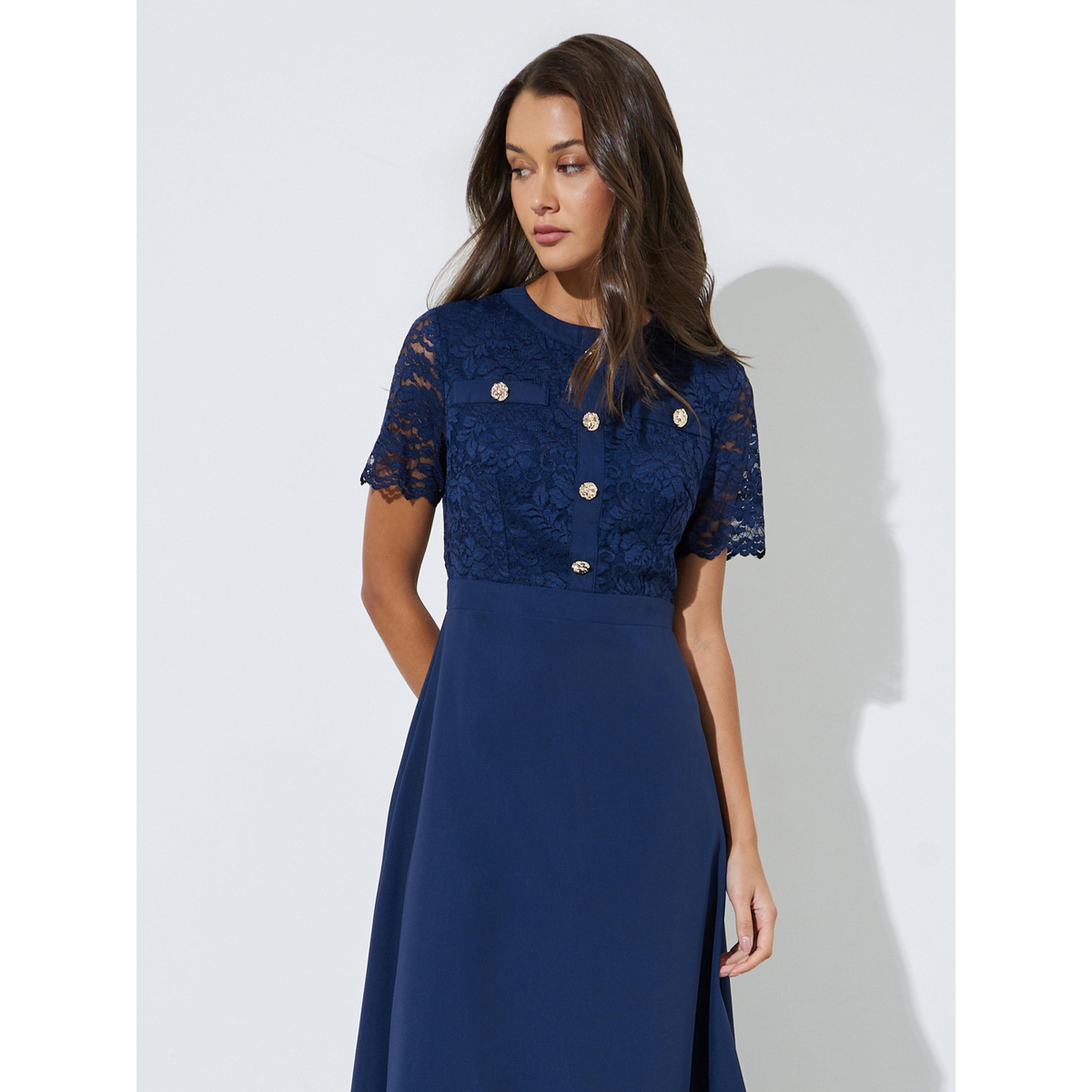 Styli Navy Blue Lace and Button Details A-Line Midi Dress-women-clothing-dresses-image-3