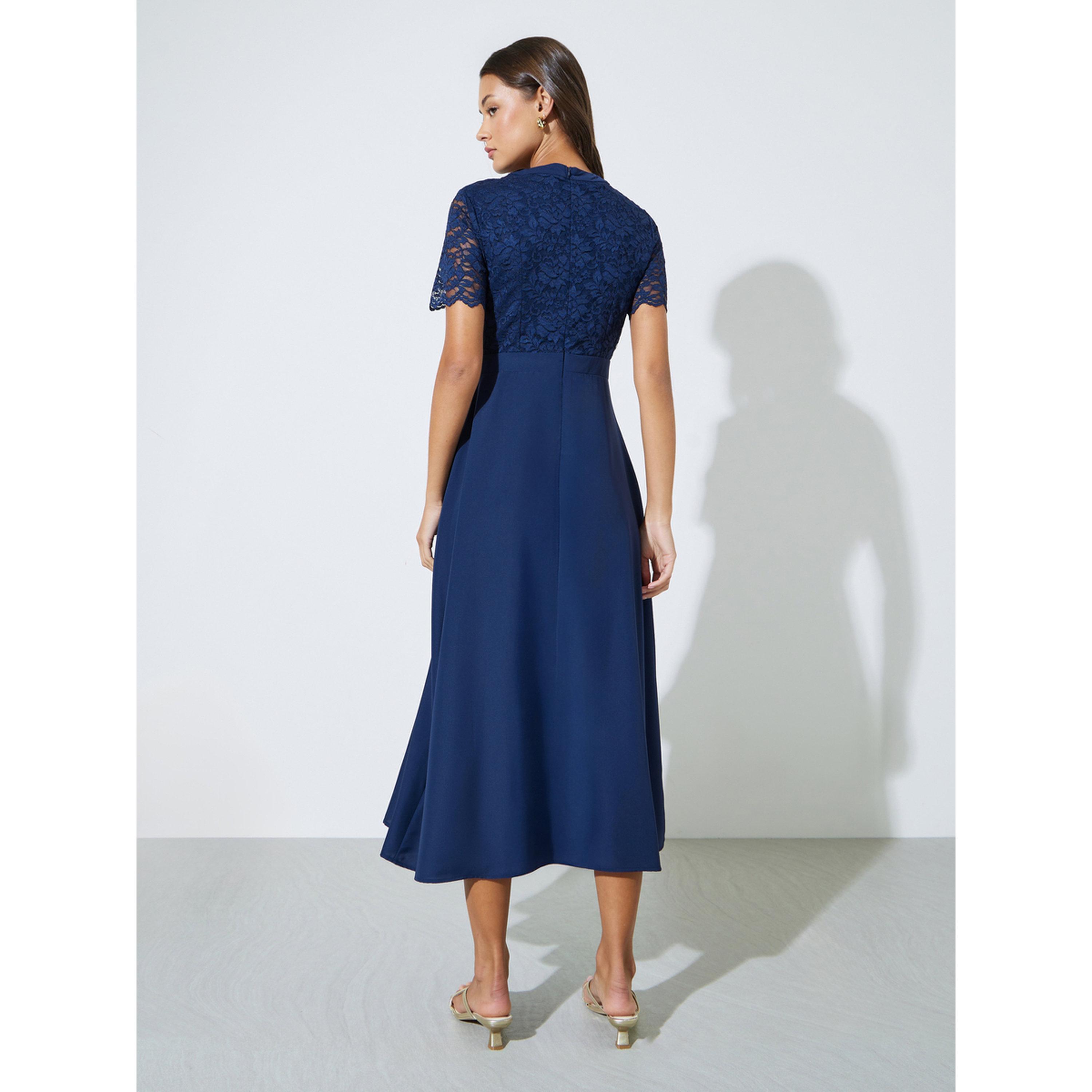 Styli Navy Blue Lace and Button Details A-Line Midi Dress-women-clothing-dresses-image-4