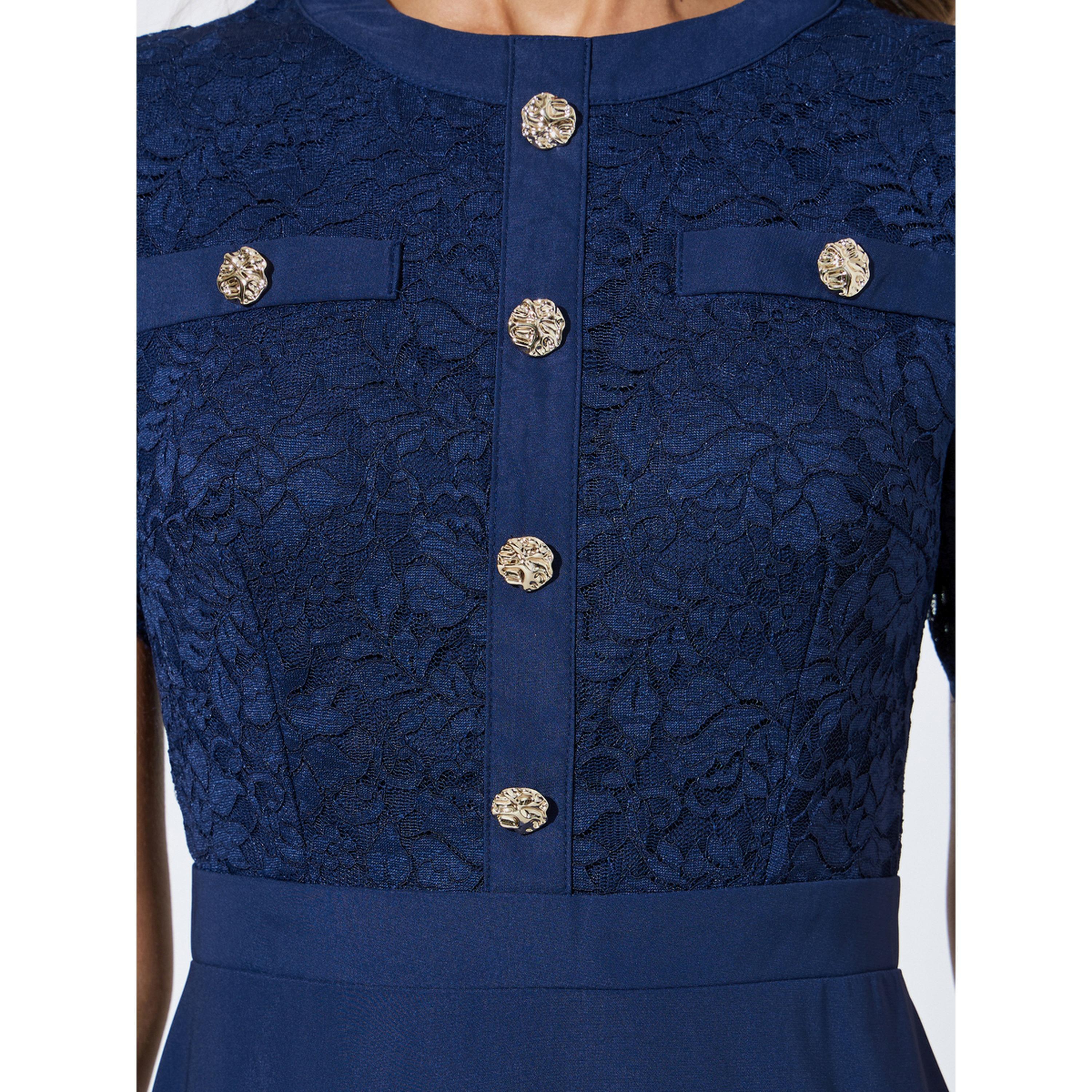 Styli Navy Blue Lace and Button Details A-Line Midi Dress-women-clothing-dresses-image-5