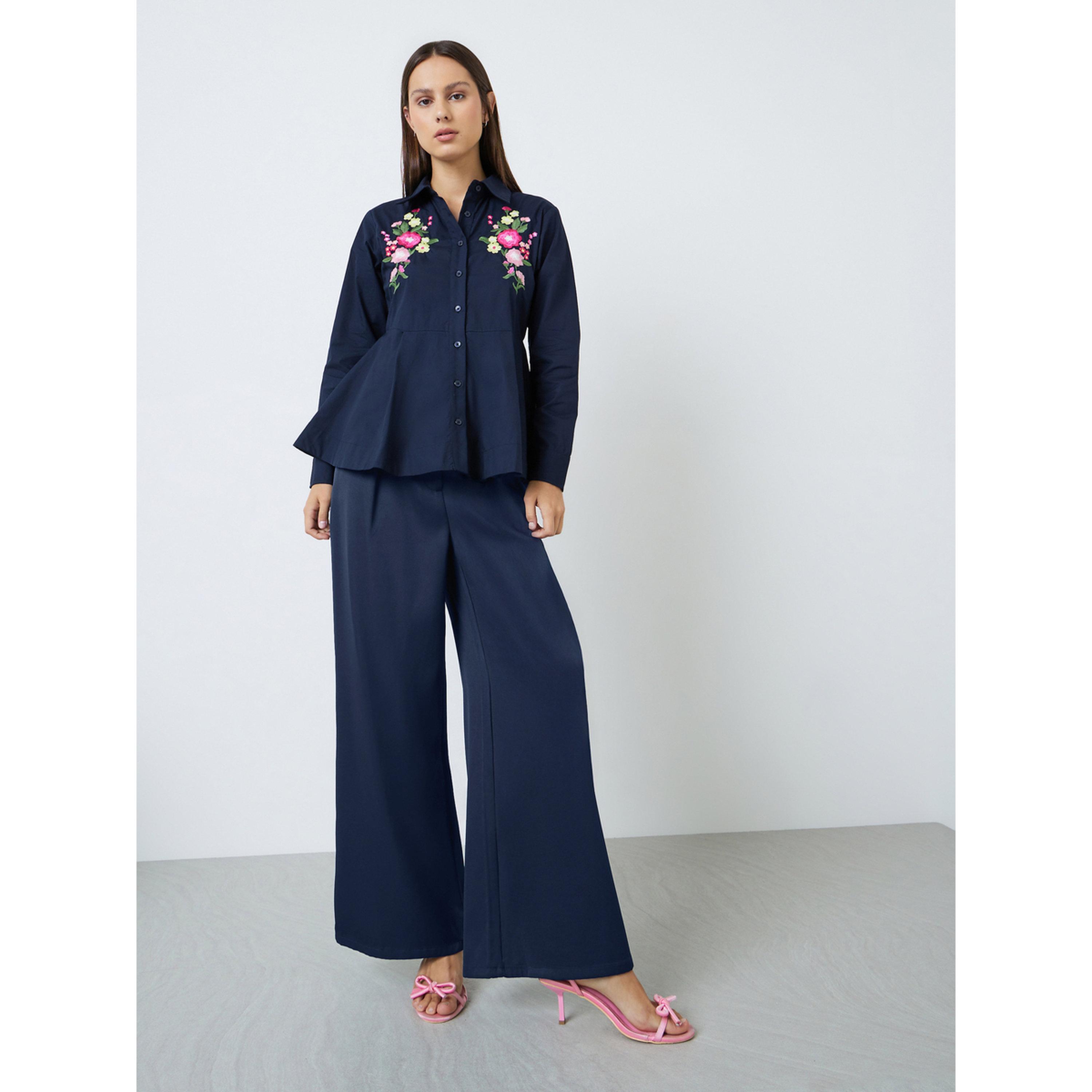 Styli Navy Blue Embroidered Floral Poplin Shirt-women-clothing-shirtsandblouses-shirts-image-2