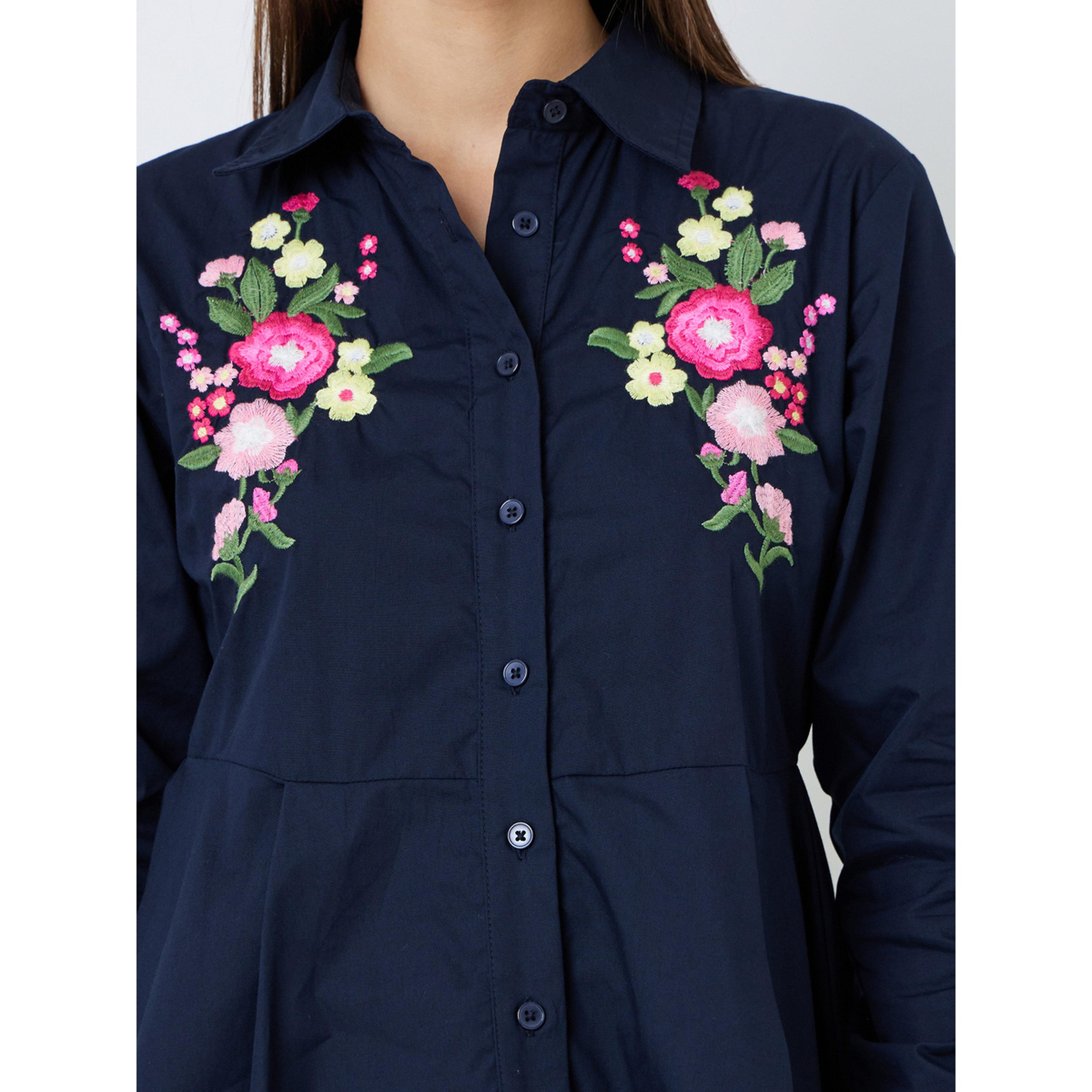 Styli Navy Blue Embroidered Floral Poplin Shirt-women-clothing-shirtsandblouses-shirts-image-4