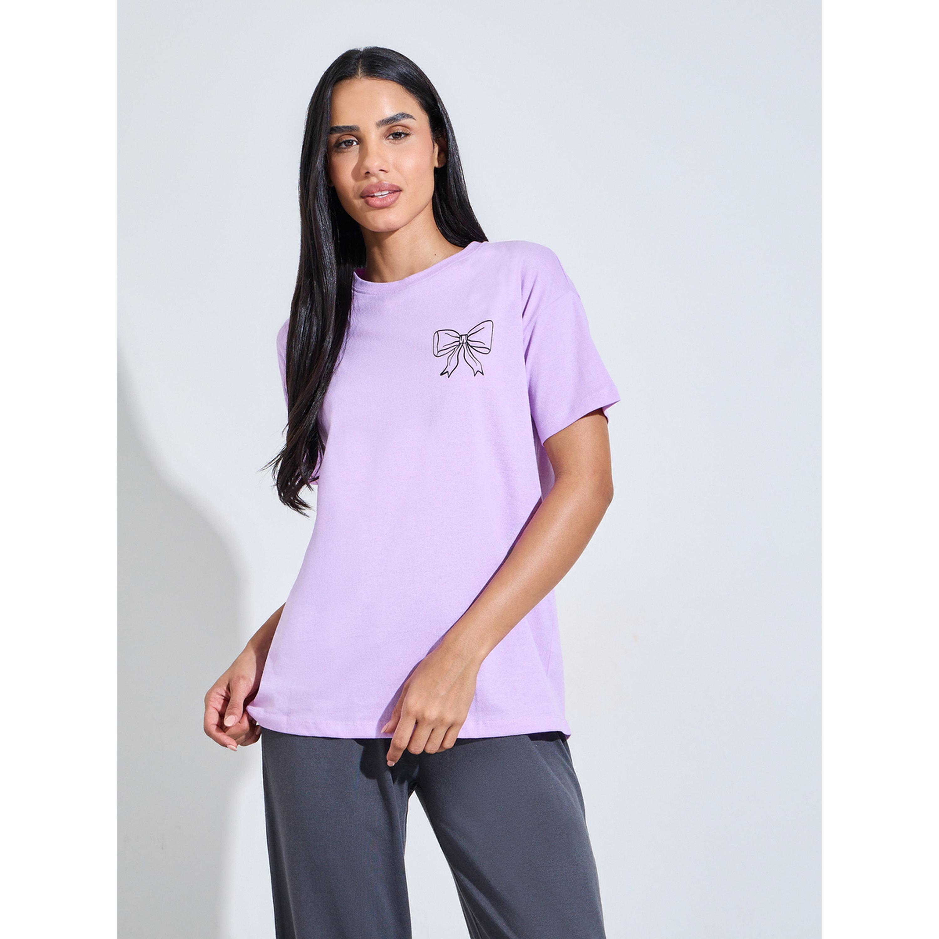 طقم بيجاما من بنطال بأرجل واسعة سادة وتيشيرت وطبعة فيونكة-women-clothing-nightwear-pyjamas-longsets-image-2