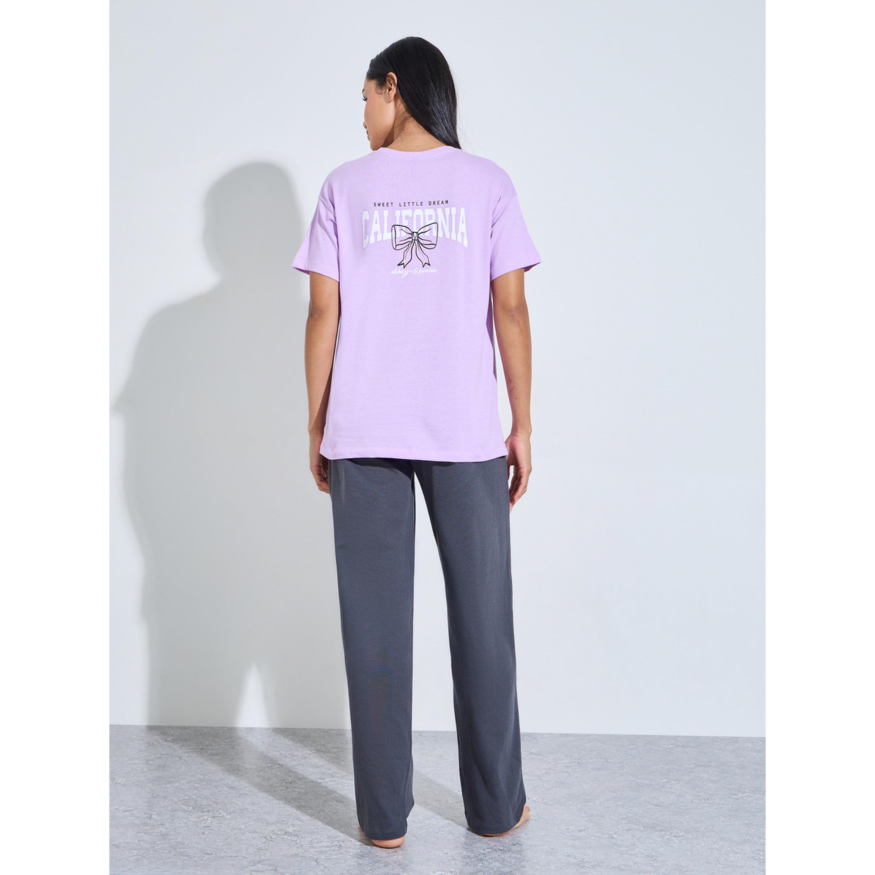 طقم بيجاما من بنطال بأرجل واسعة سادة وتيشيرت وطبعة فيونكة-women-clothing-nightwear-pyjamas-longsets-image-3