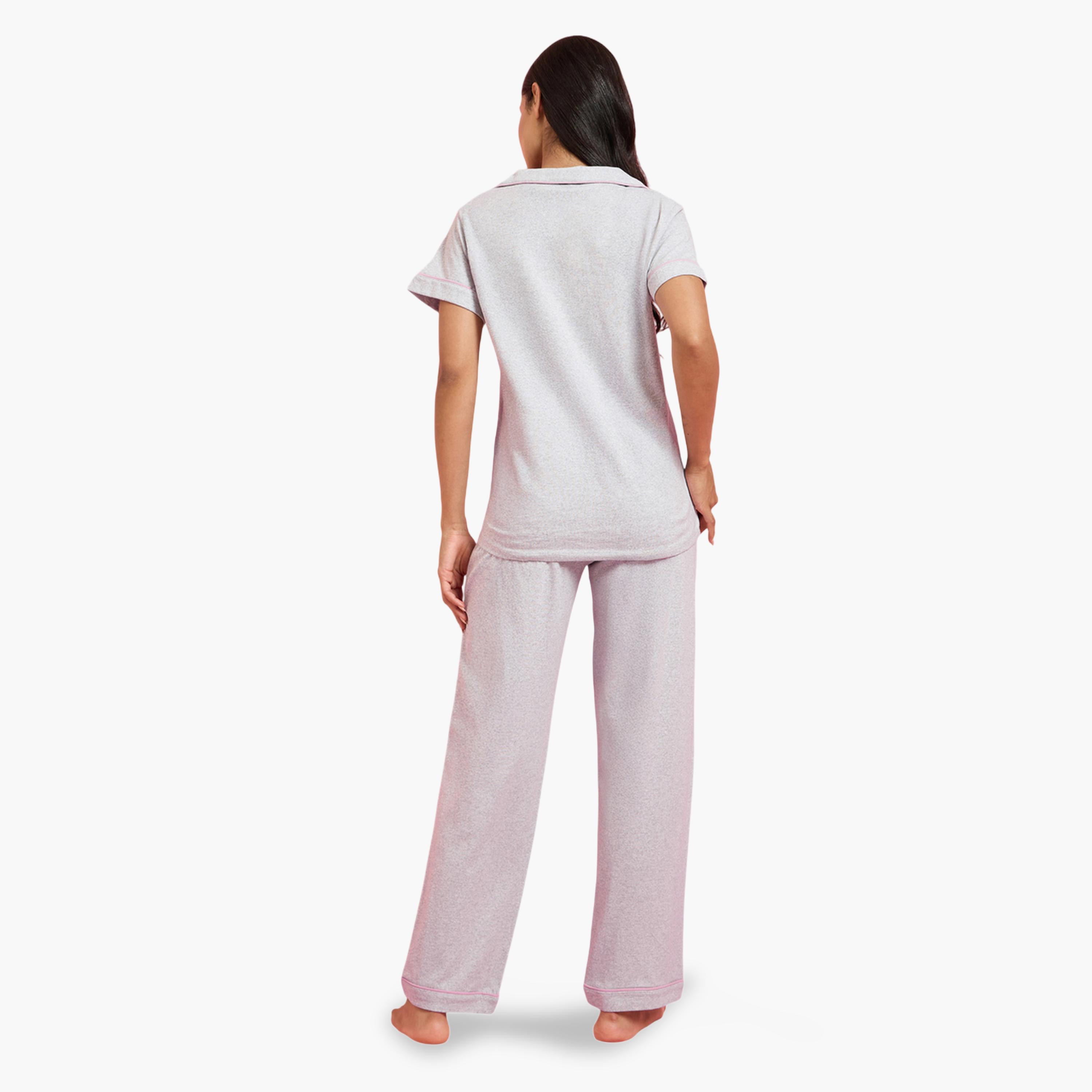 ستايلي - بيجاما قميص بأكمام قصيرة وبنطال واسع الساقين بحواف رمادية متباينة-women-clothing-nightwear-pyjamas-longsets-image-3