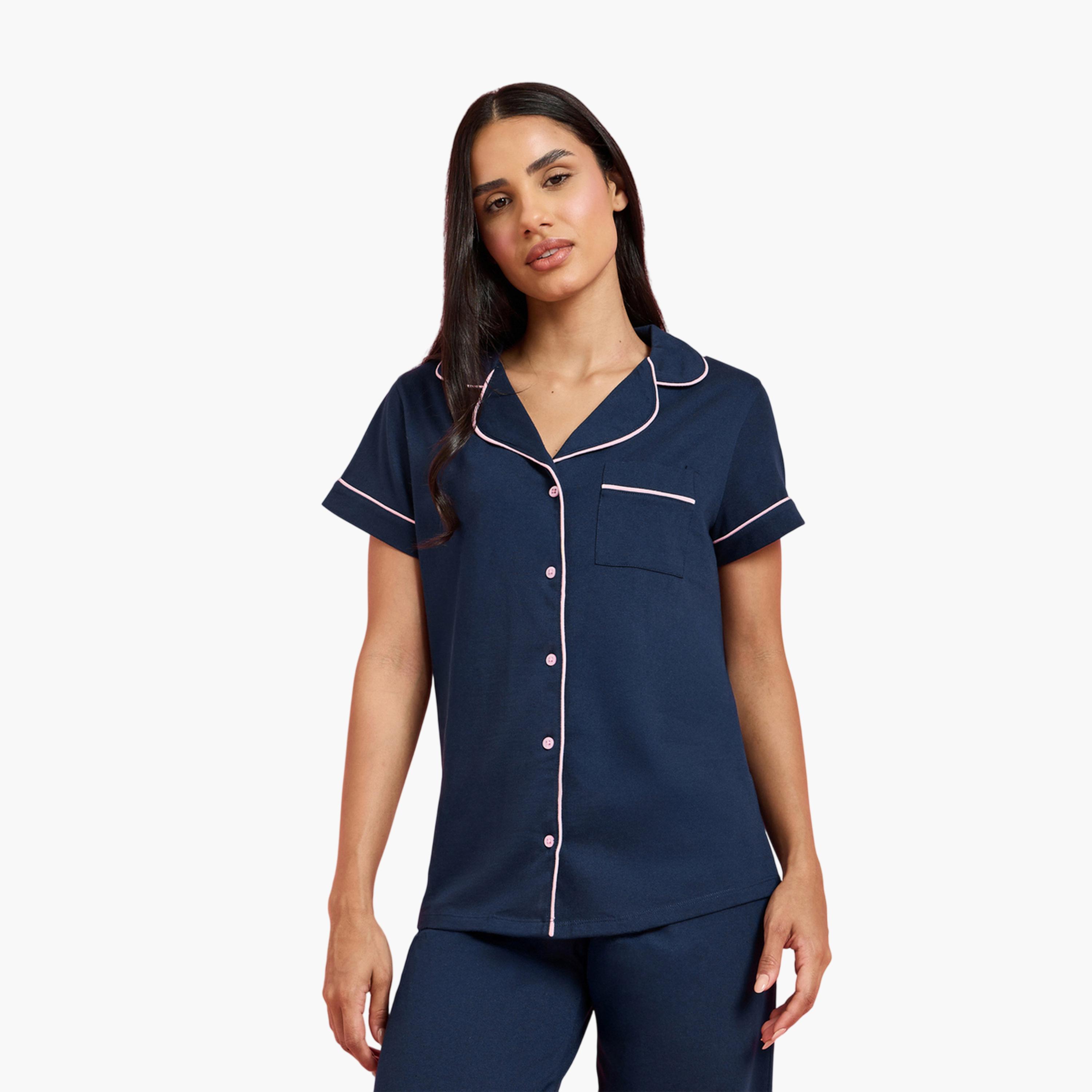 Styli Navy Blue Contrast Trims Short Sleeves Shirt and Wide leg pants Pyjama Set-women-clothing-nightwear-pyjamas-longsets-image-3