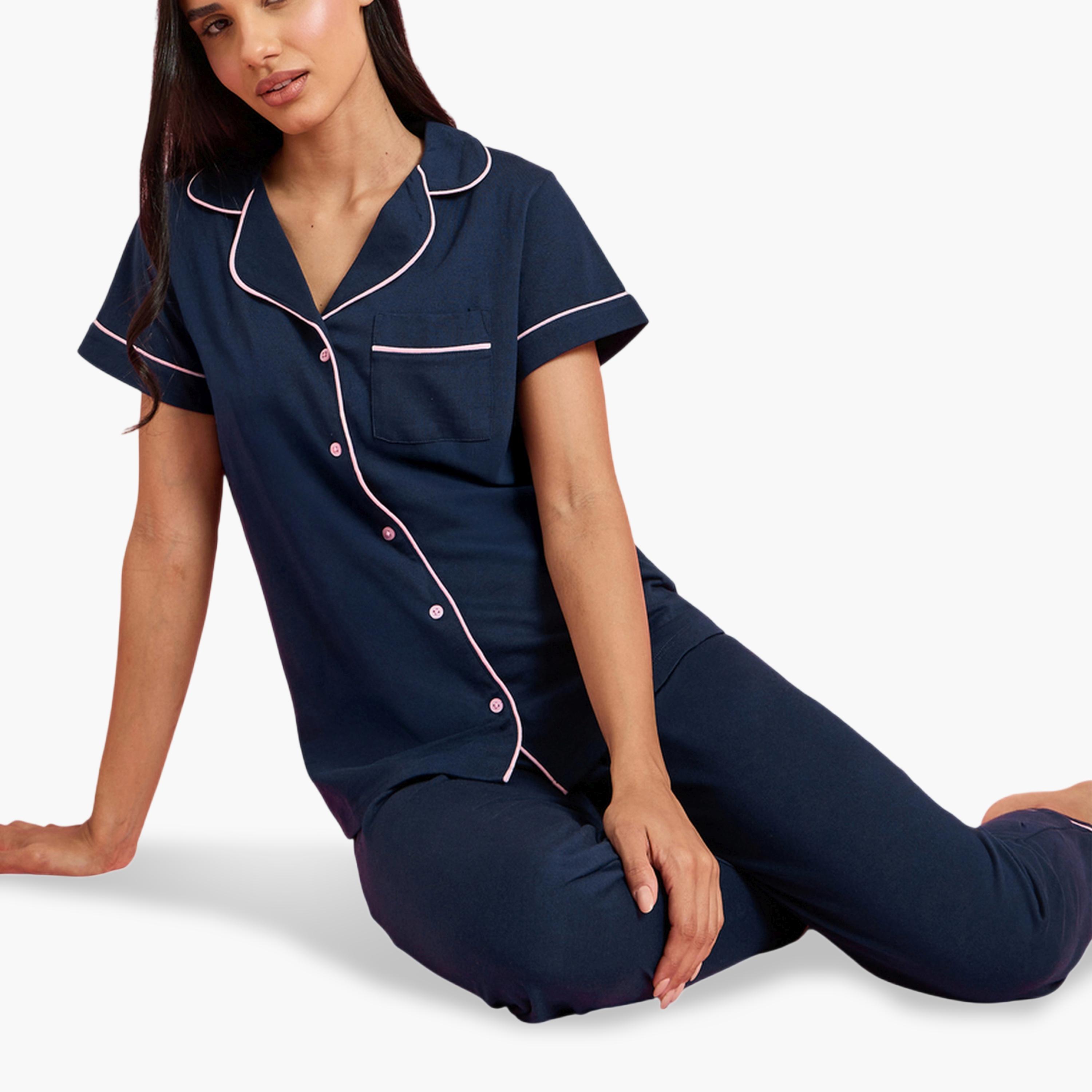 Styli Navy Blue Contrast Trims Short Sleeves Shirt and Wide leg pants Pyjama Set-women-clothing-nightwear-pyjamas-longsets-image-4