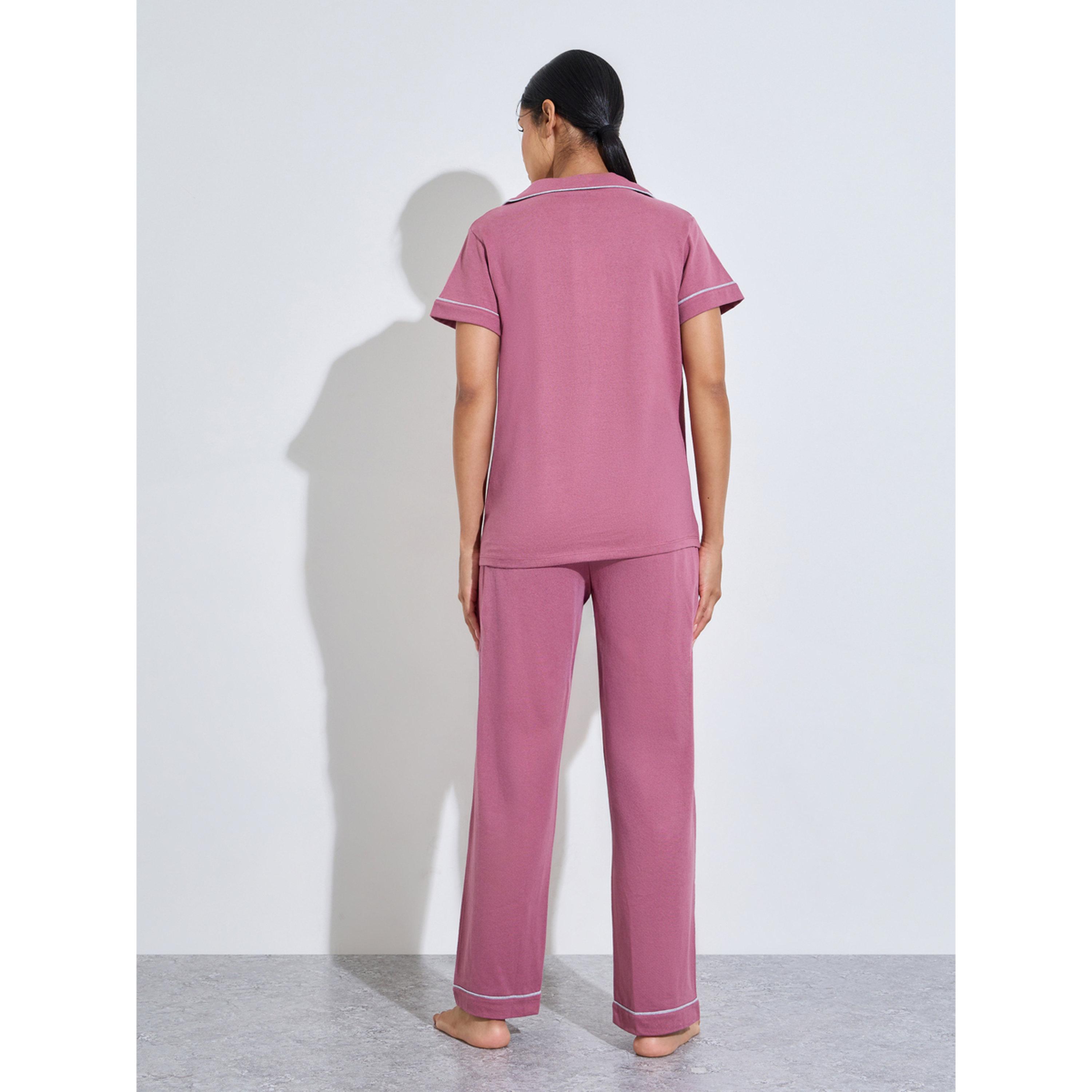 ستايلي - بيجاما قميص بأكمام قصيرة وبنطال واسع الساقين زينة حواف وردية متباينة-women-clothing-nightwear-pyjamas-longsets-image-2