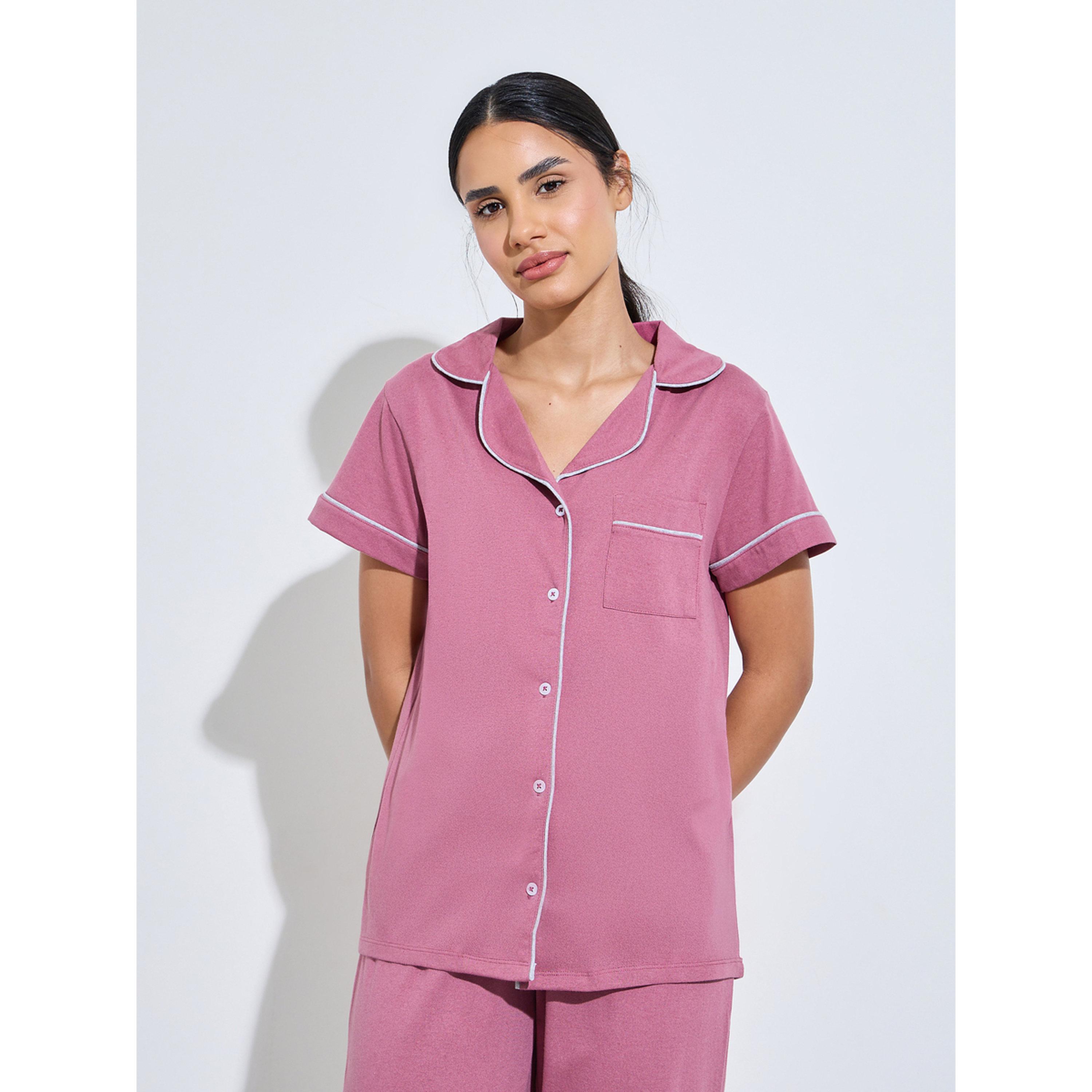 ستايلي - بيجاما قميص بأكمام قصيرة وبنطال واسع الساقين زينة حواف وردية متباينة-women-clothing-nightwear-pyjamas-longsets-image-3