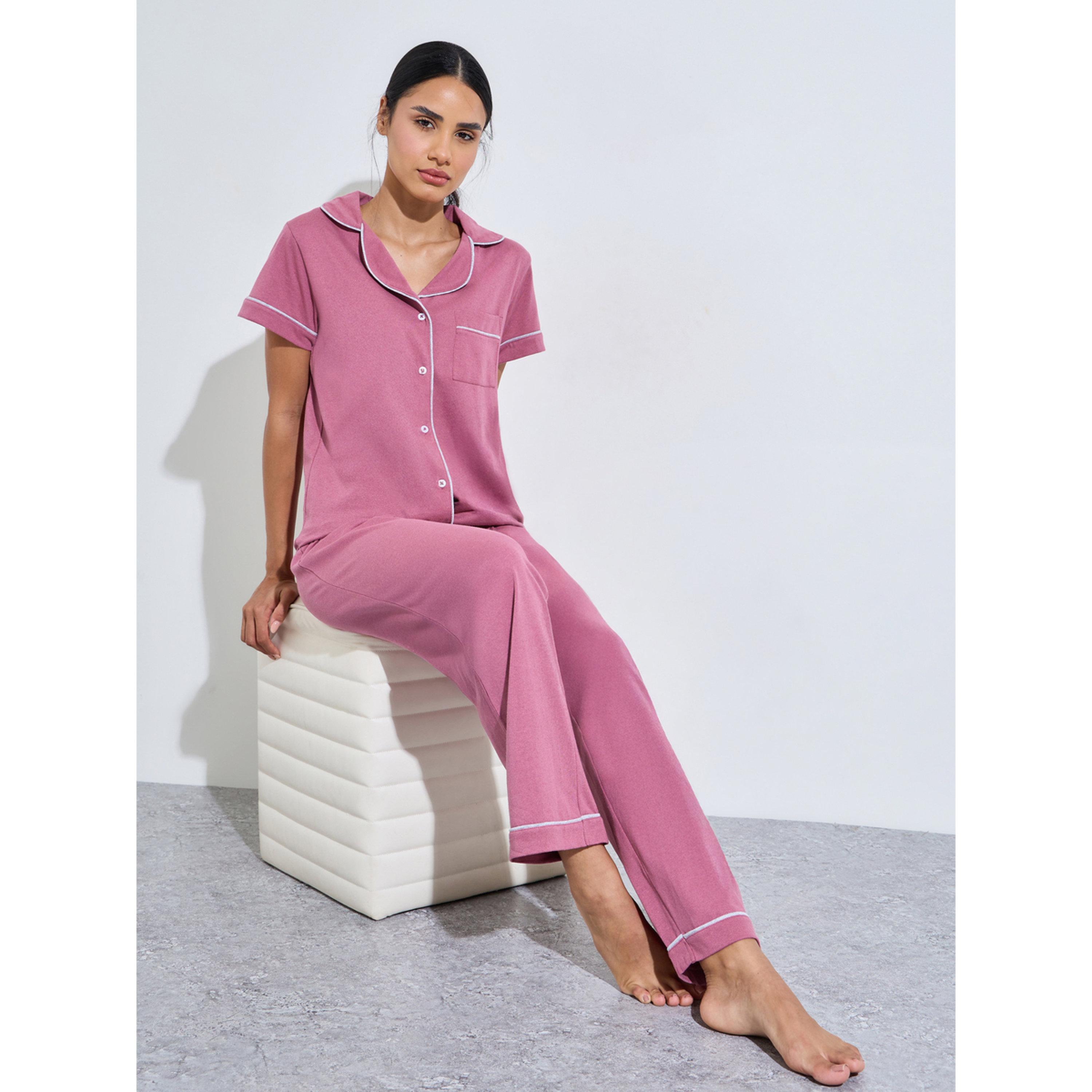 ستايلي - بيجاما قميص بأكمام قصيرة وبنطال واسع الساقين زينة حواف وردية متباينة-women-clothing-nightwear-pyjamas-longsets-image-4