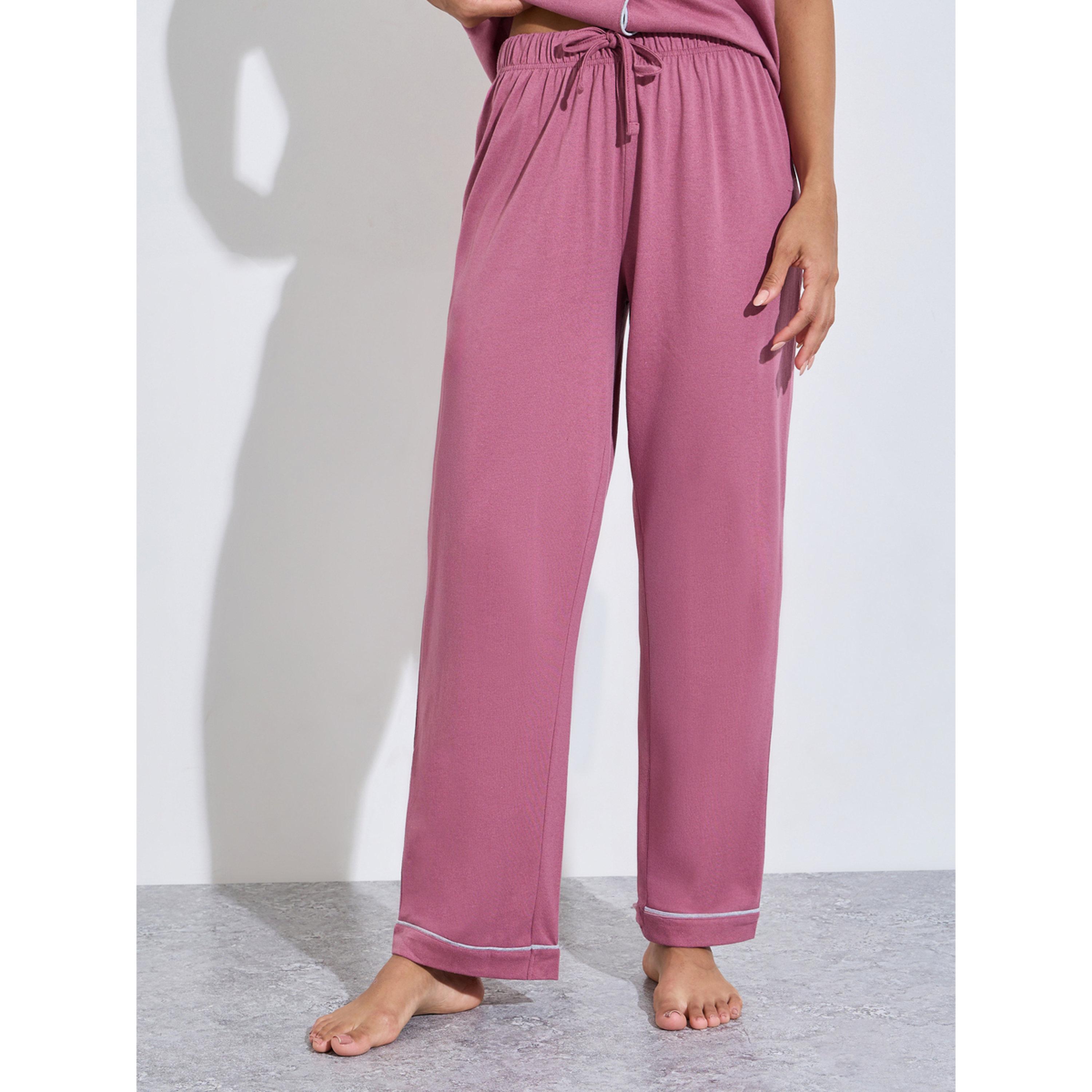 ستايلي - بيجاما قميص بأكمام قصيرة وبنطال واسع الساقين زينة حواف وردية متباينة-women-clothing-nightwear-pyjamas-longsets-image-5