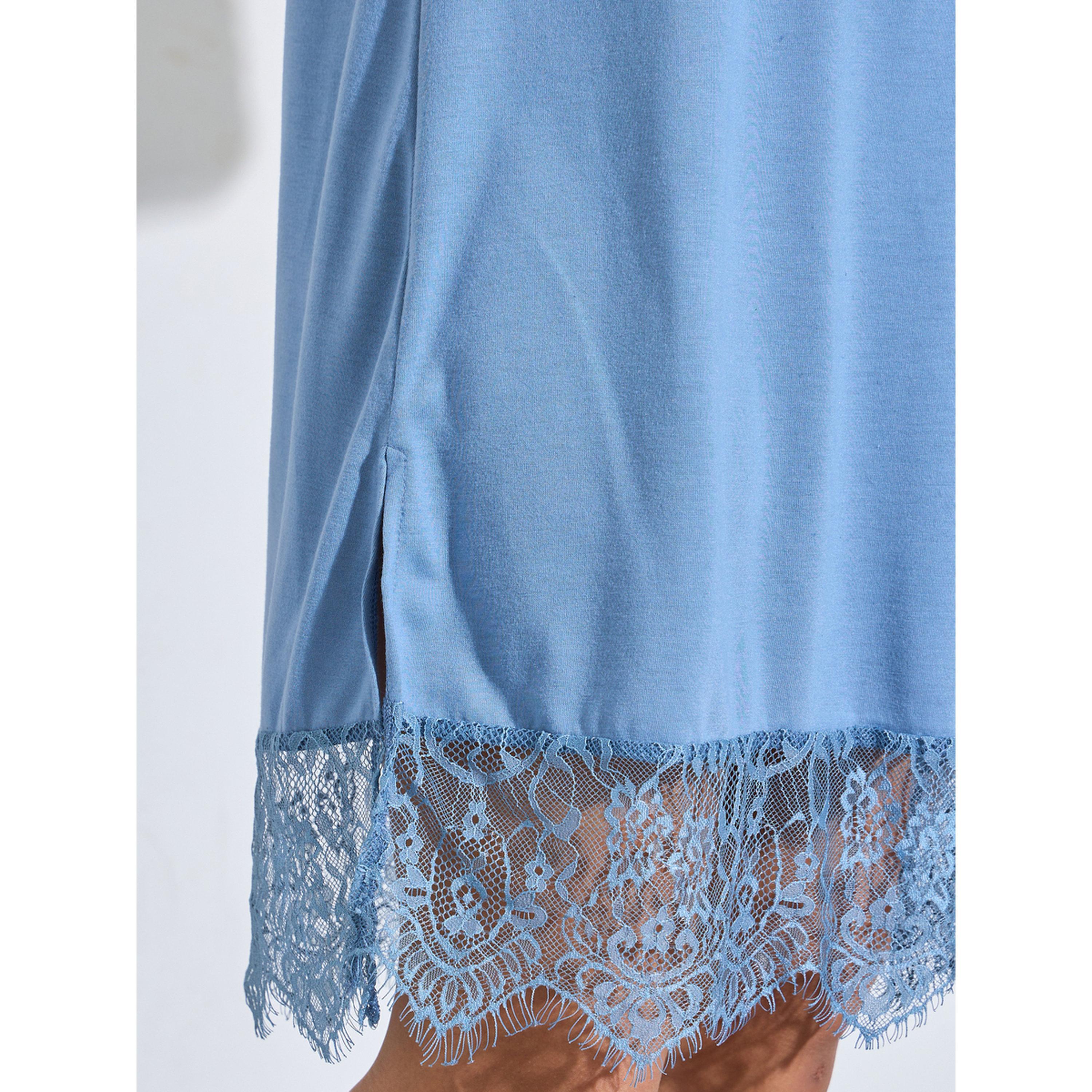 قميص نوم بأكمام قصيرة وحافة دانتيل سادة باللون الأزرق-women-clothing-nightwear-nighties-image-4