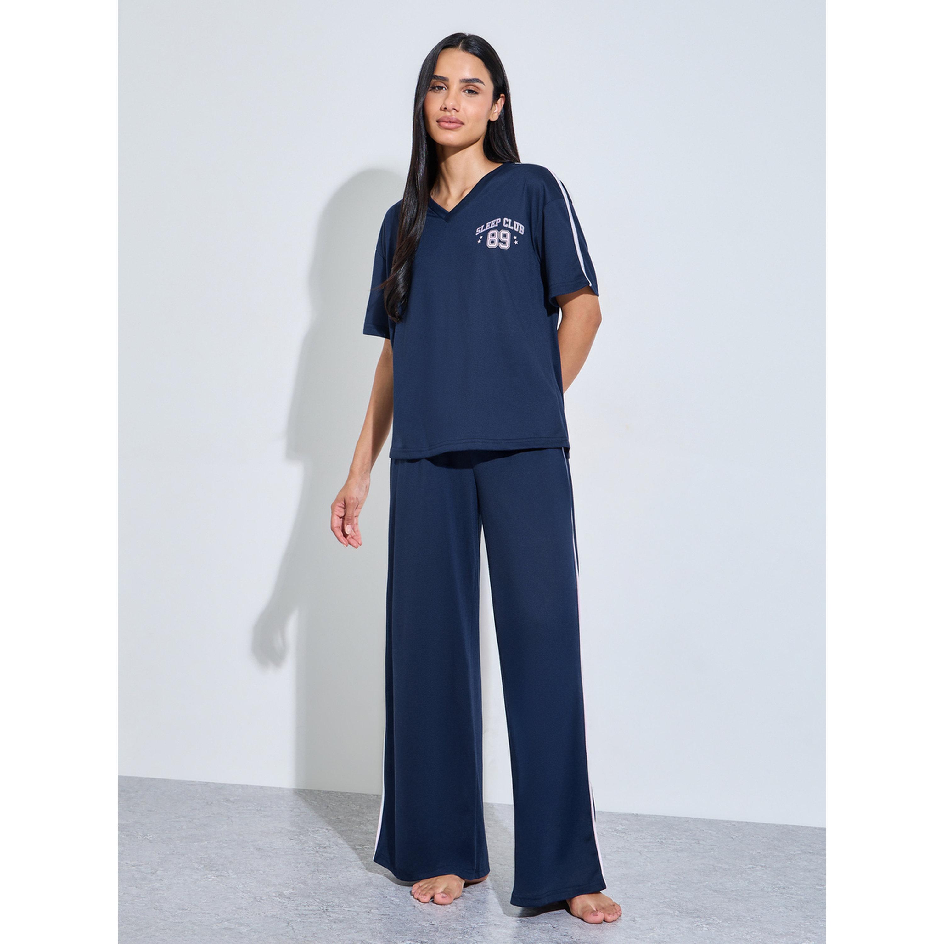 Styli Navy Blue Graphic Print T-Shirt and Wide leg Pants Pyjama Set-women-clothing-nightwear-pyjamas-longsets-image-1