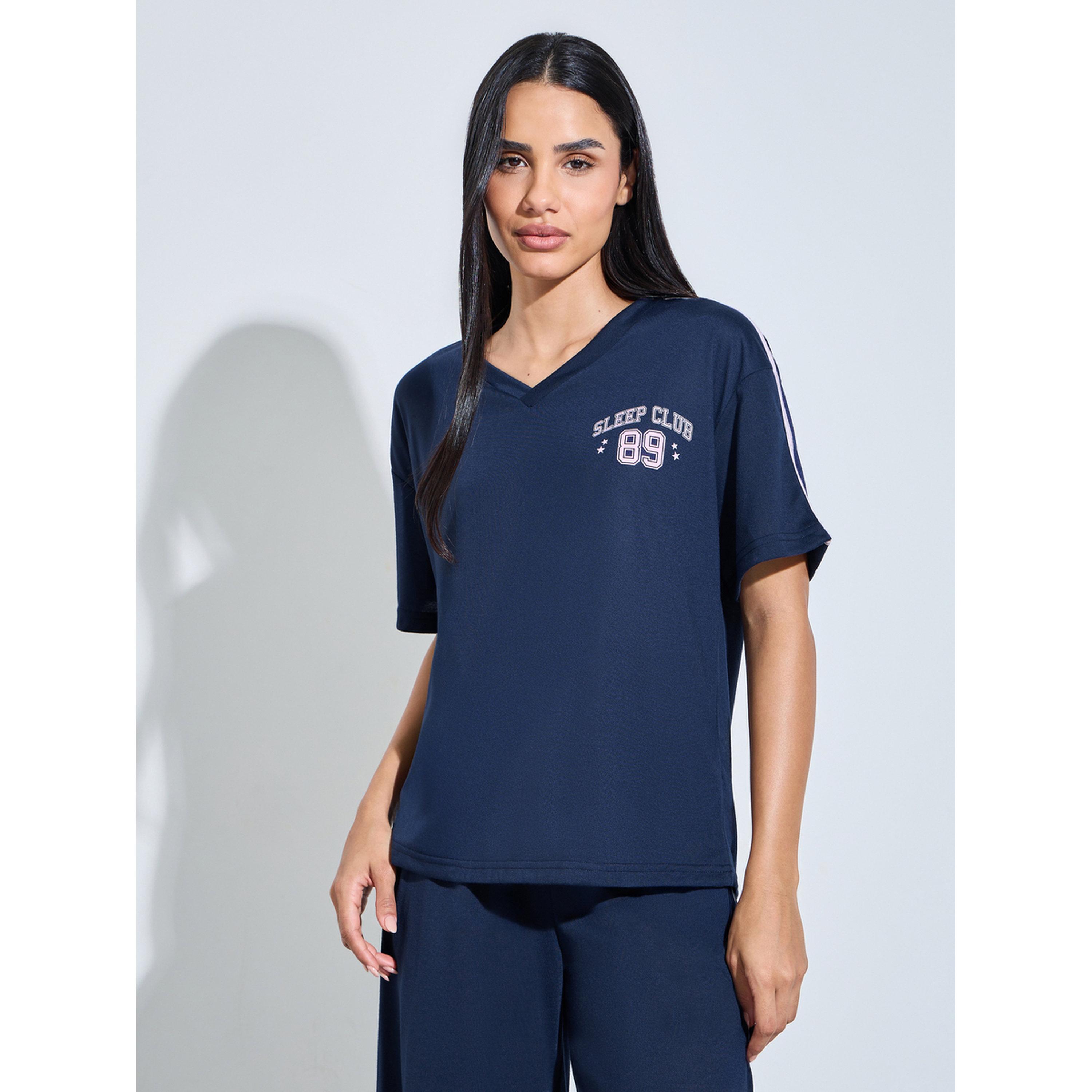 Styli Navy Blue Graphic Print T-Shirt and Wide leg Pants Pyjama Set-women-clothing-nightwear-pyjamas-longsets-image-2