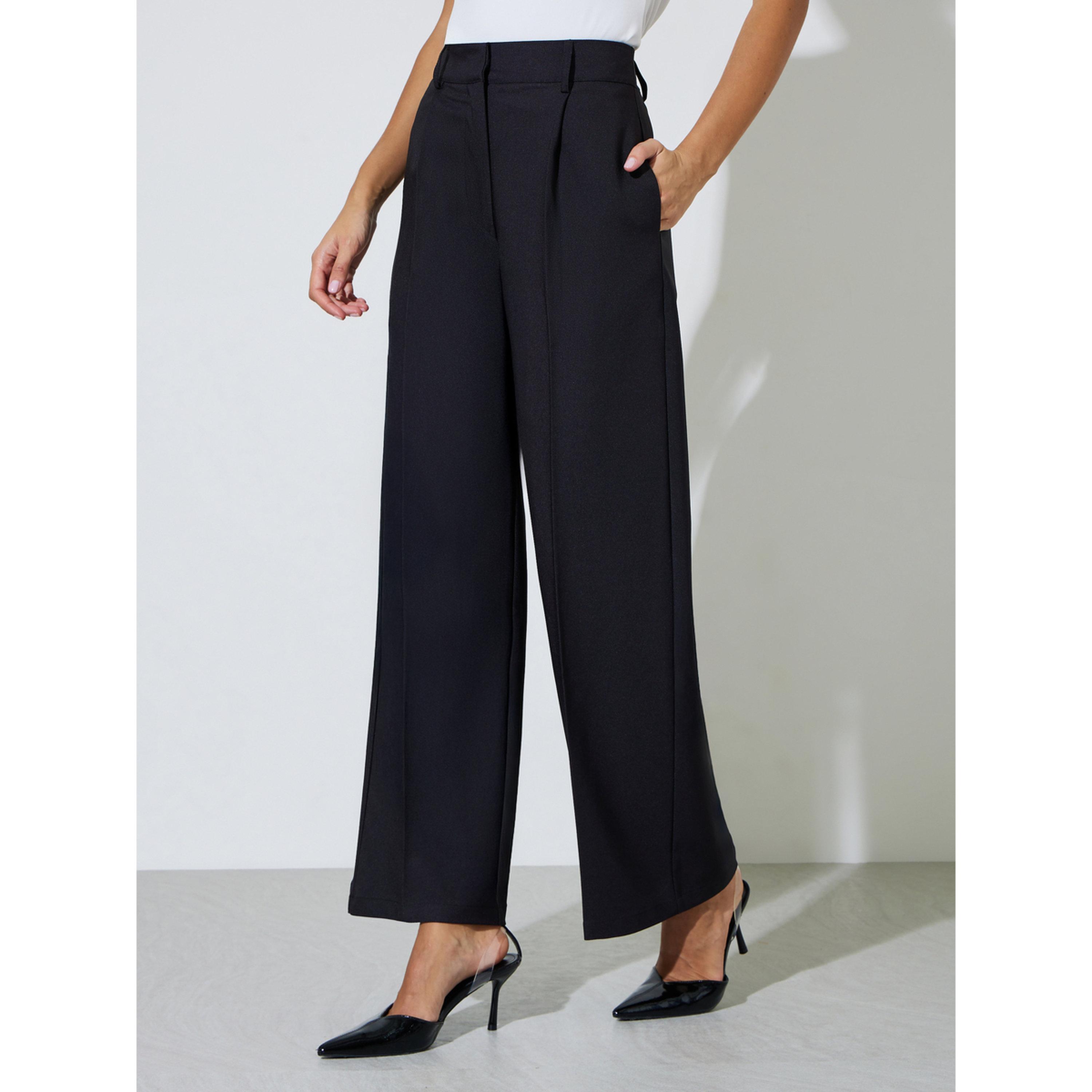 بنطال رسمية سادة بأرجل واسعة - أسود-women-clothing-trousers-image-1