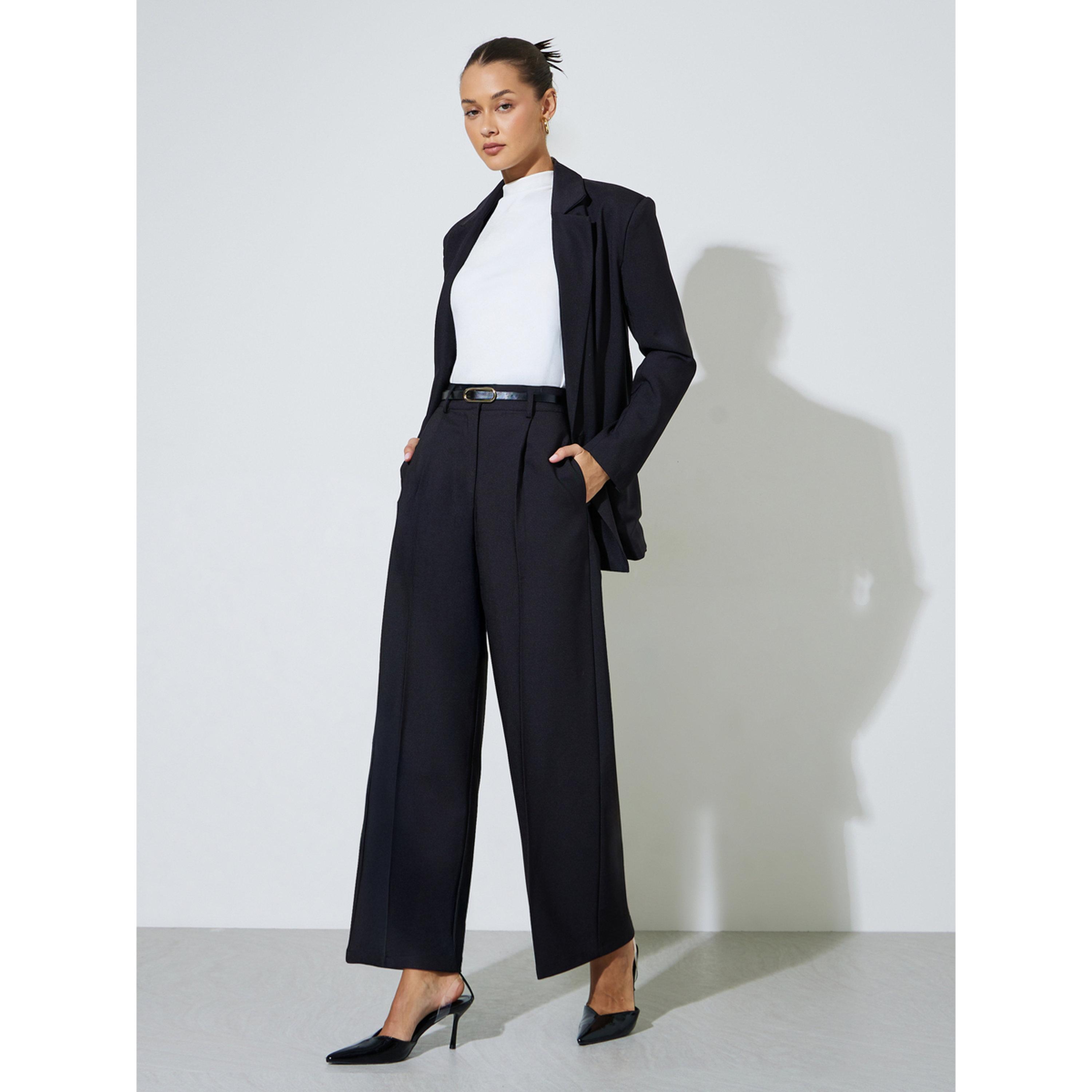 بنطال رسمية سادة بأرجل واسعة - أسود-women-clothing-trousers-image-2