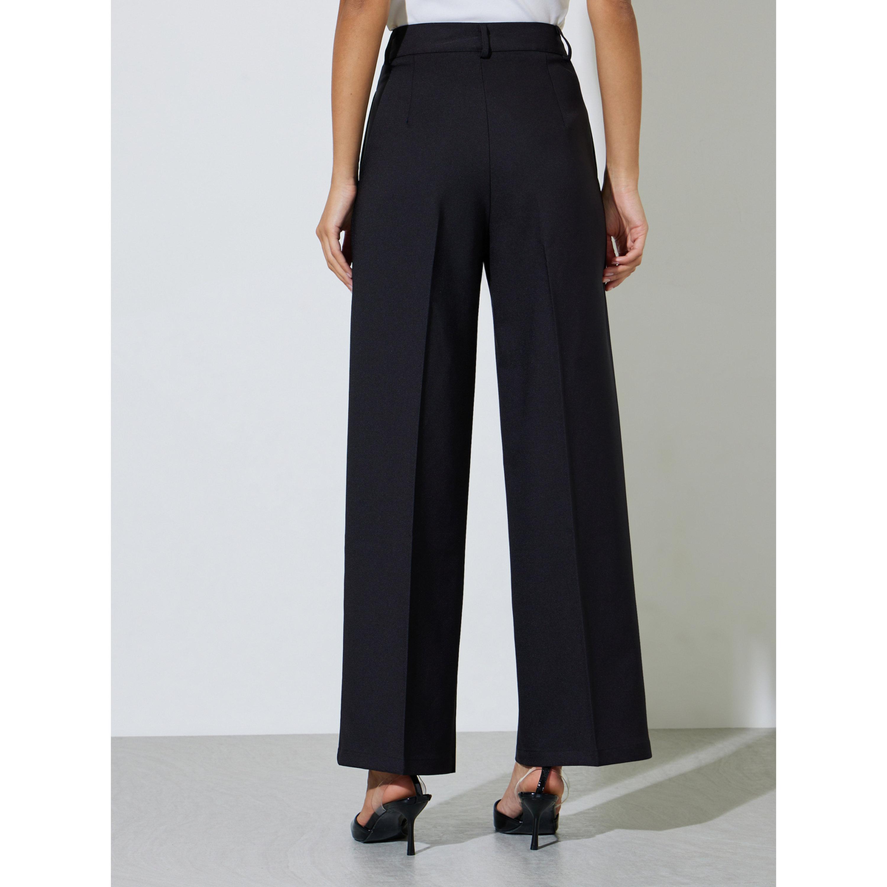 بنطال رسمية سادة بأرجل واسعة - أسود-women-clothing-trousers-image-4