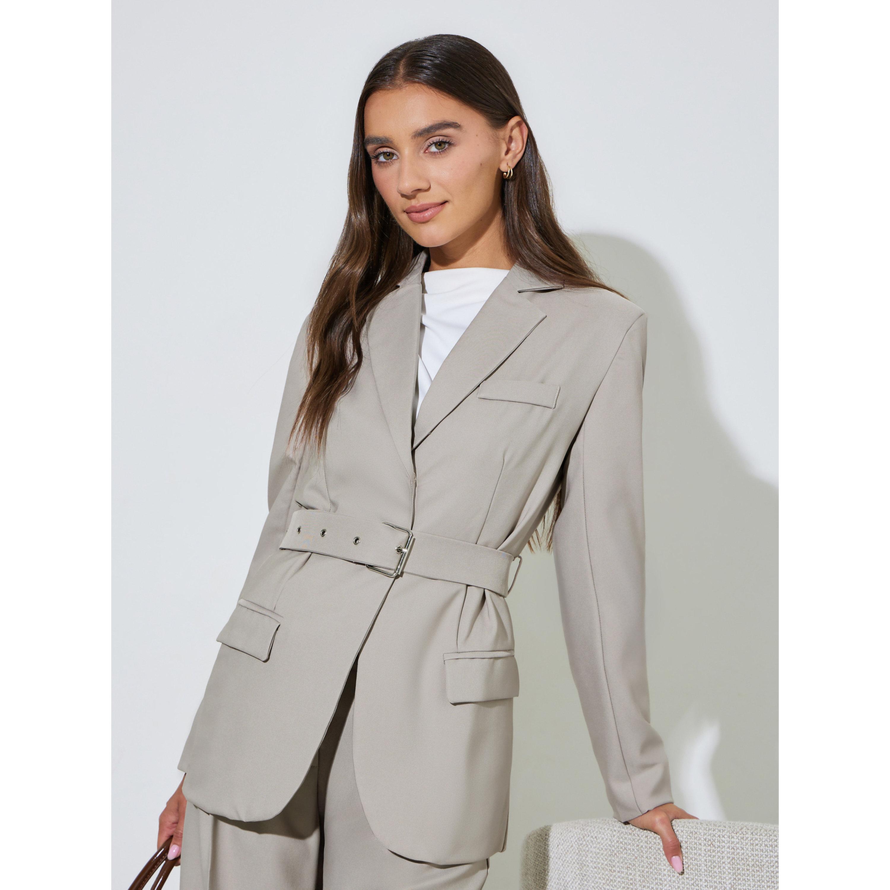 بليزر بحزام وقصة عادية باللون الرمادي-women-clothing-coatsandjackets-blazers-image-3