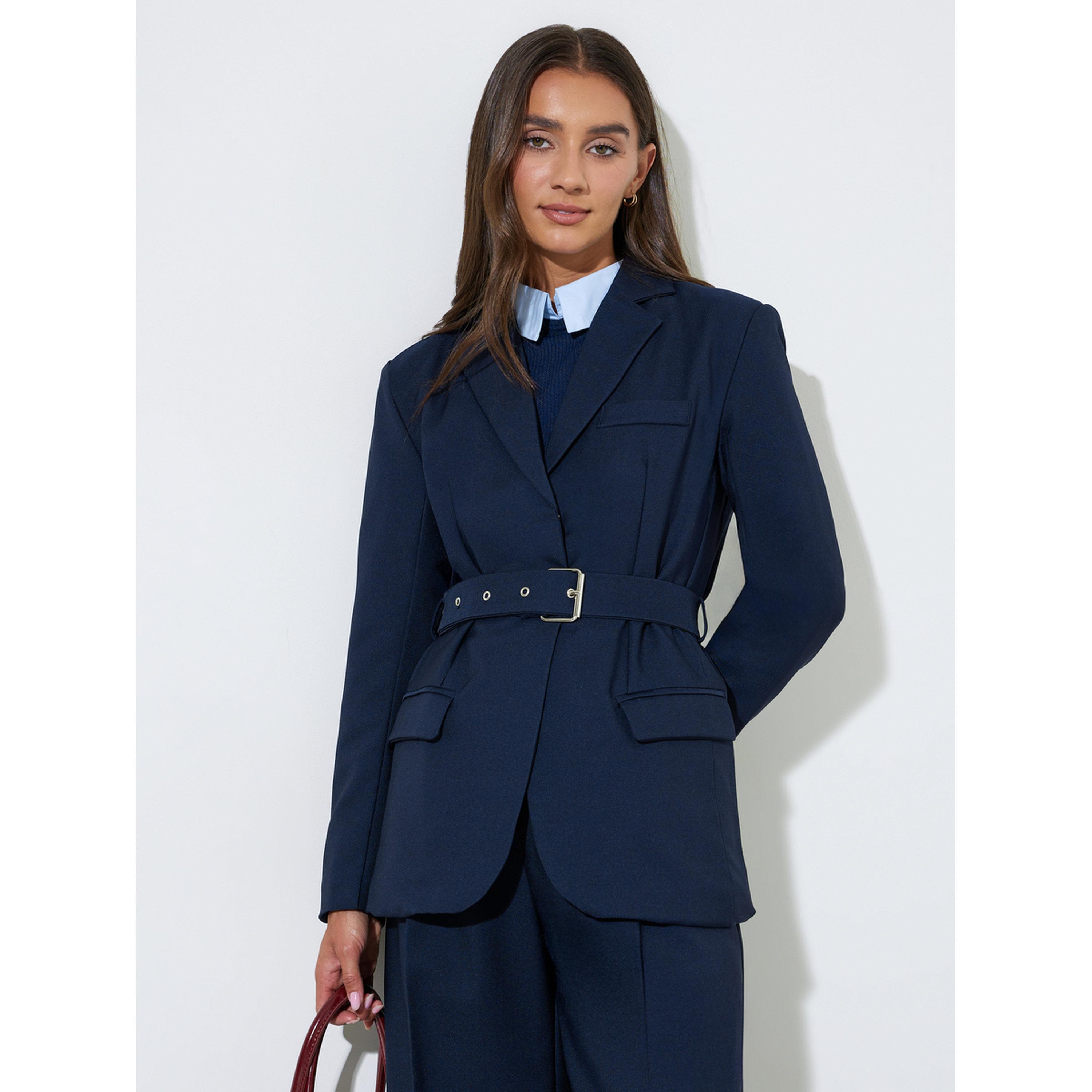 بليزر بحزام وقصة عادية باللون الأزرق الداكن-women-clothing-coatsandjackets-blazers-image-1