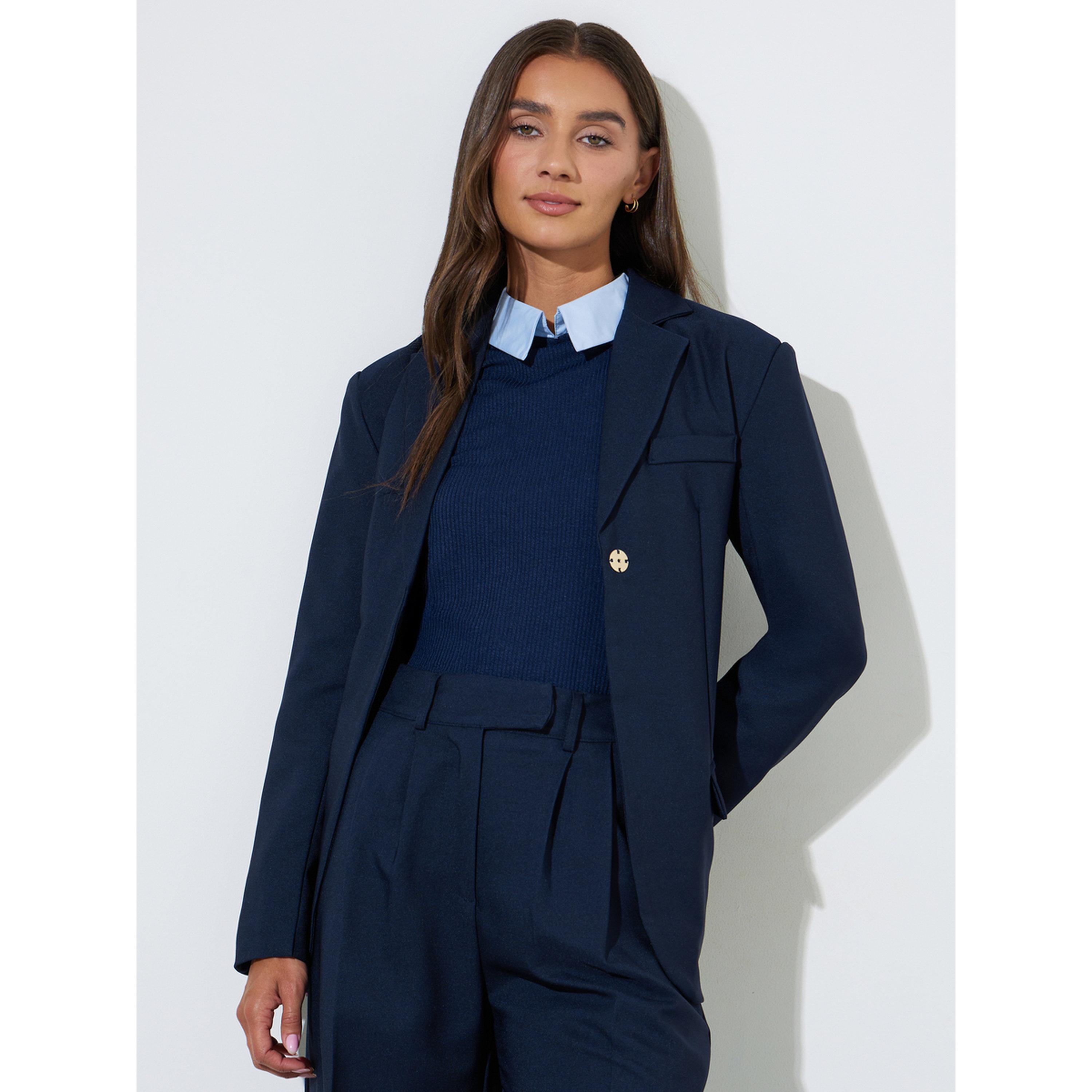 بليزر بحزام وقصة عادية باللون الأزرق الداكن-women-clothing-coatsandjackets-blazers-image-4