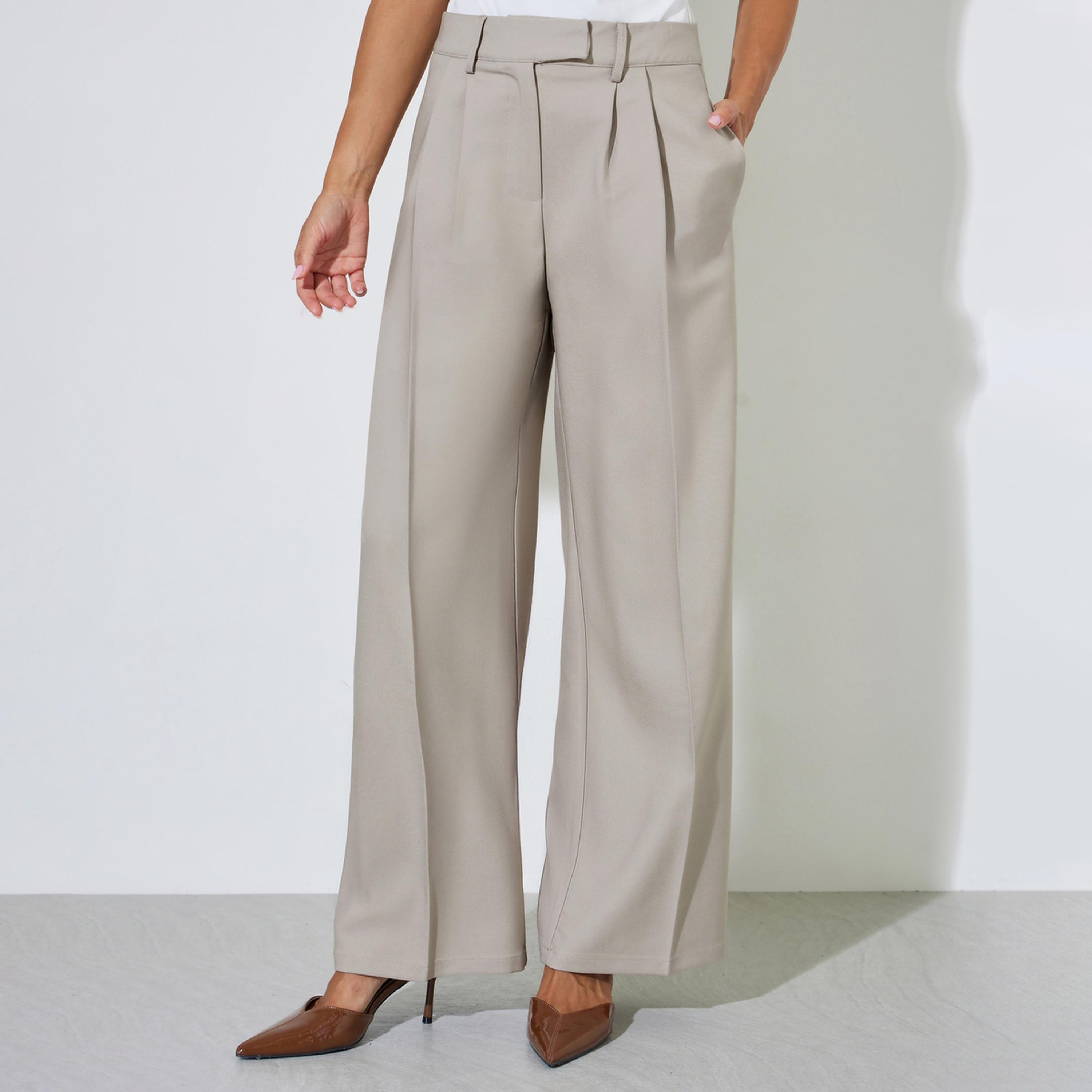 بنطال مخصص بخصر متوسط الارتفاع وأرجل واسعة لون رمادي-women-clothing-trousers-image-1