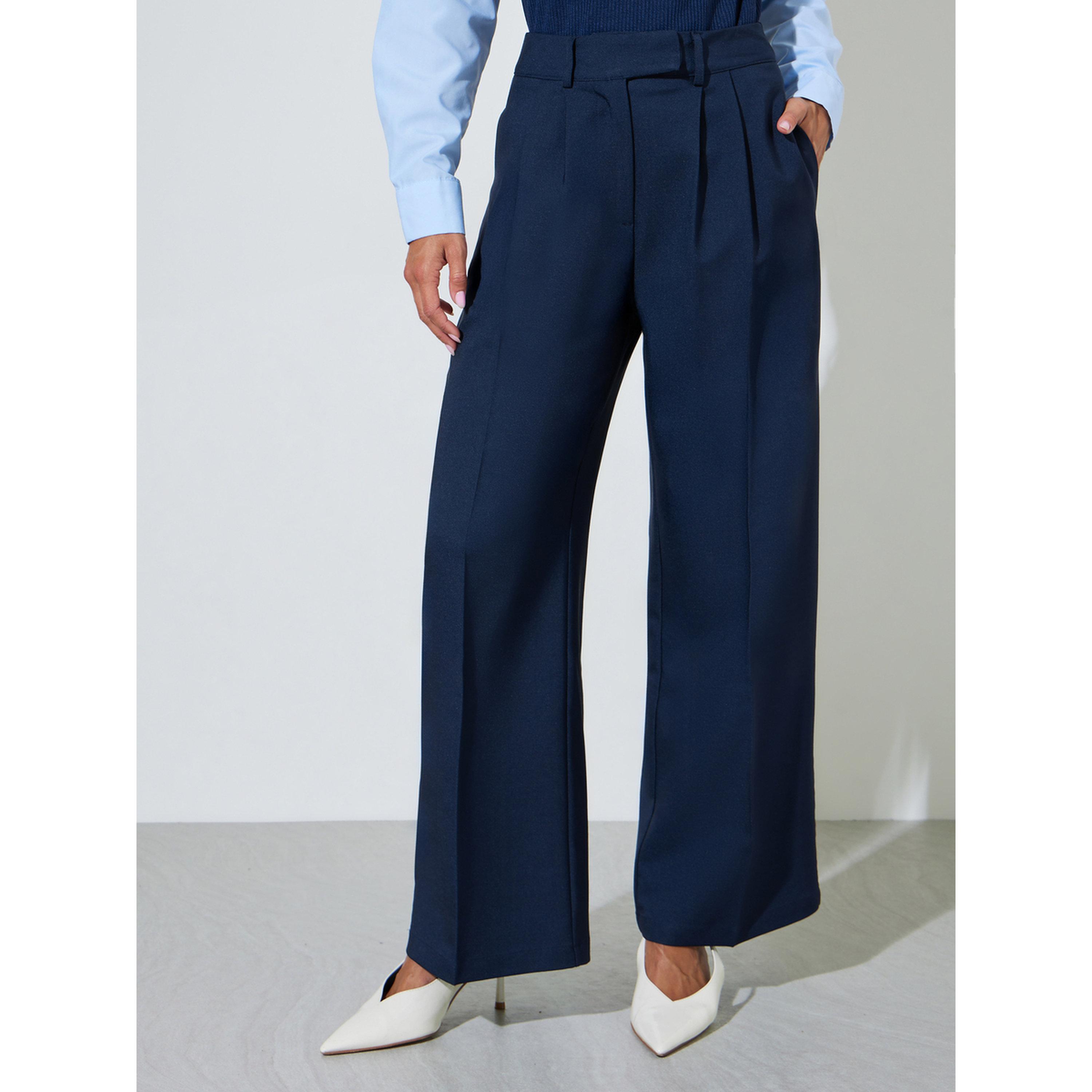 بنطال مخصص بخصر متوسط الارتفاع وأرجل واسعة لون كحلي-women-clothing-trousers-image-1