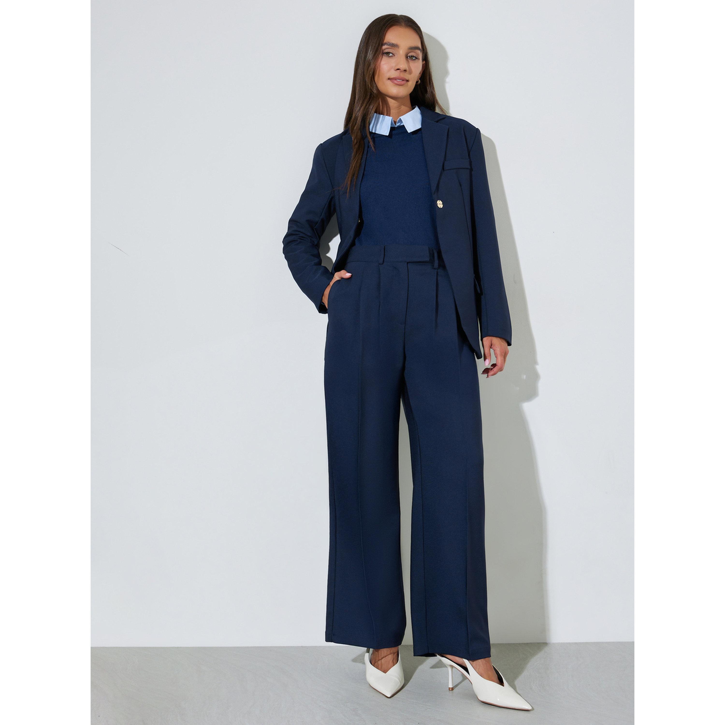 بنطال مخصص بخصر متوسط الارتفاع وأرجل واسعة لون كحلي-women-clothing-trousers-image-2