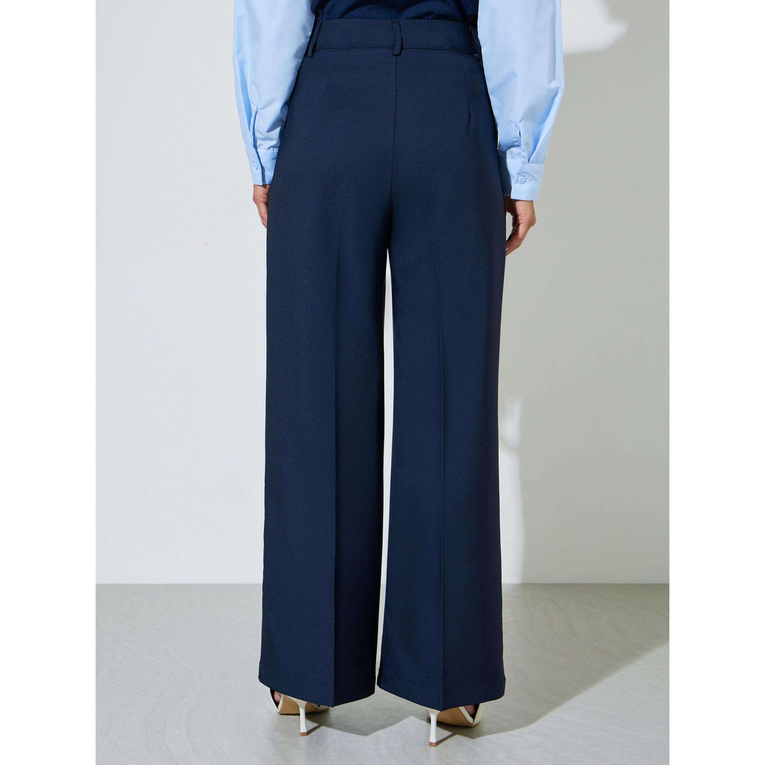بنطال مخصص بخصر متوسط الارتفاع وأرجل واسعة لون كحلي-women-clothing-trousers-image-4