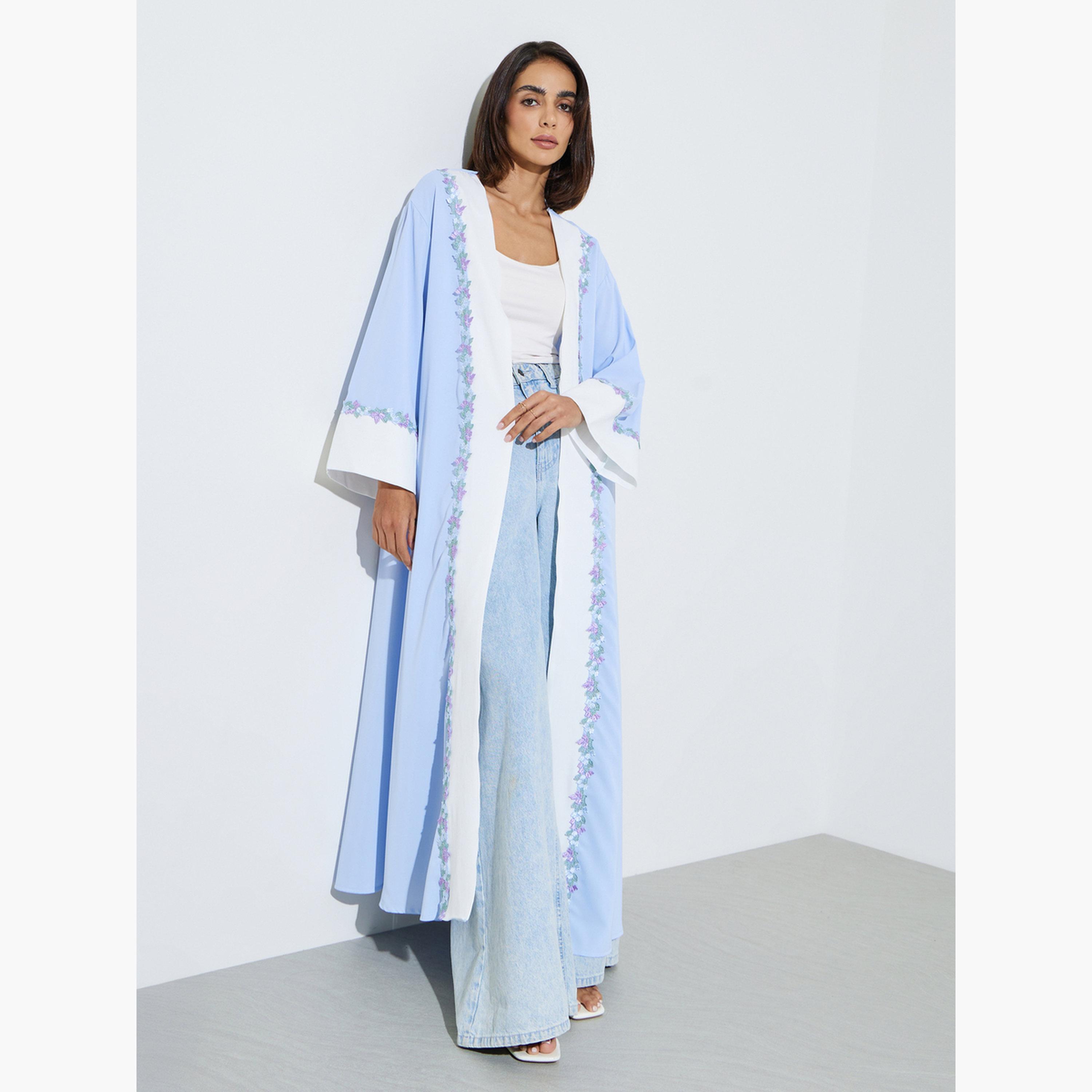 عباية مفتوحة من الأمام مطرزة مع حواف بيضاء لون أزرق فاتح-women-arabicclothing-abayas-image-3