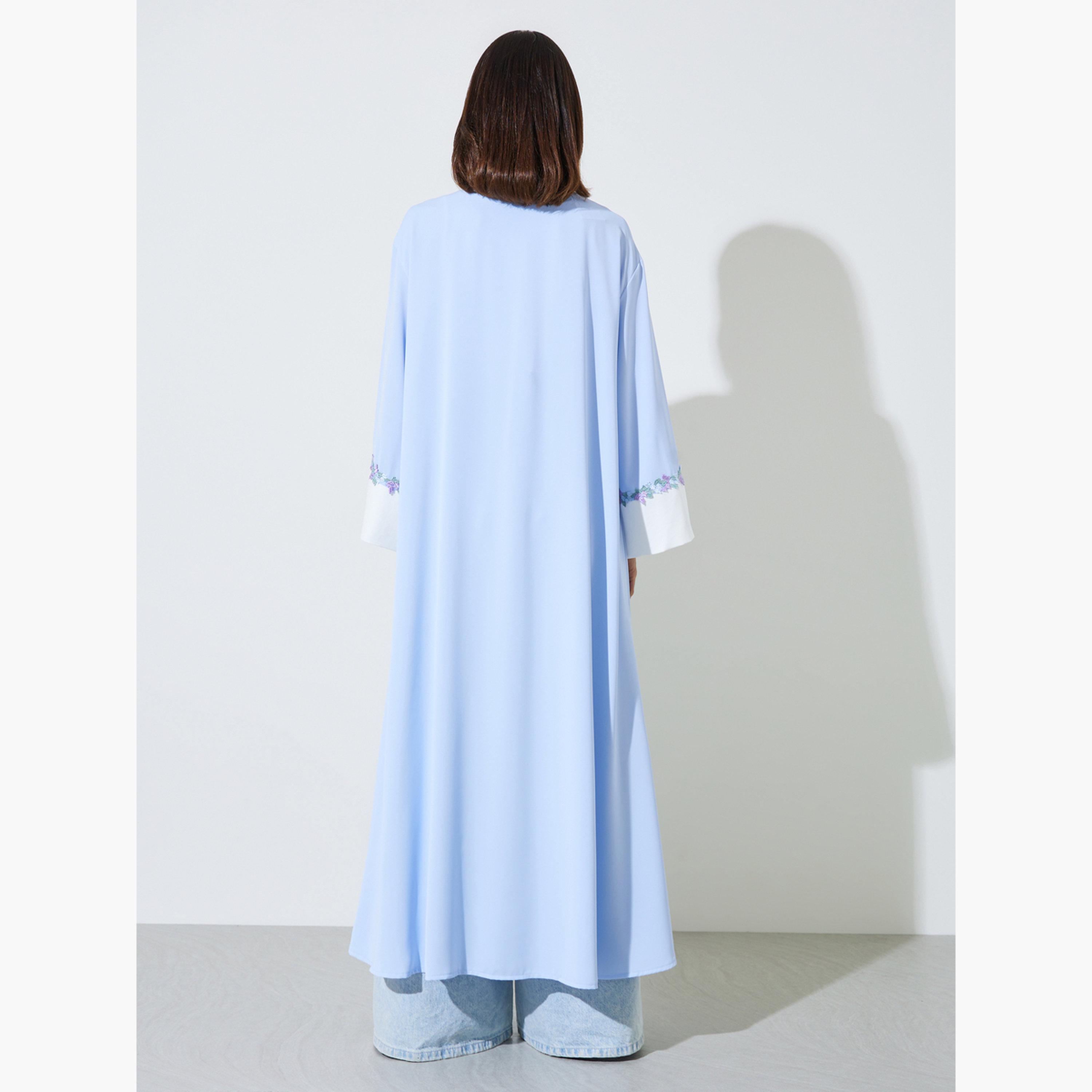 عباية مفتوحة من الأمام مطرزة مع حواف بيضاء لون أزرق فاتح-women-arabicclothing-abayas-image-4