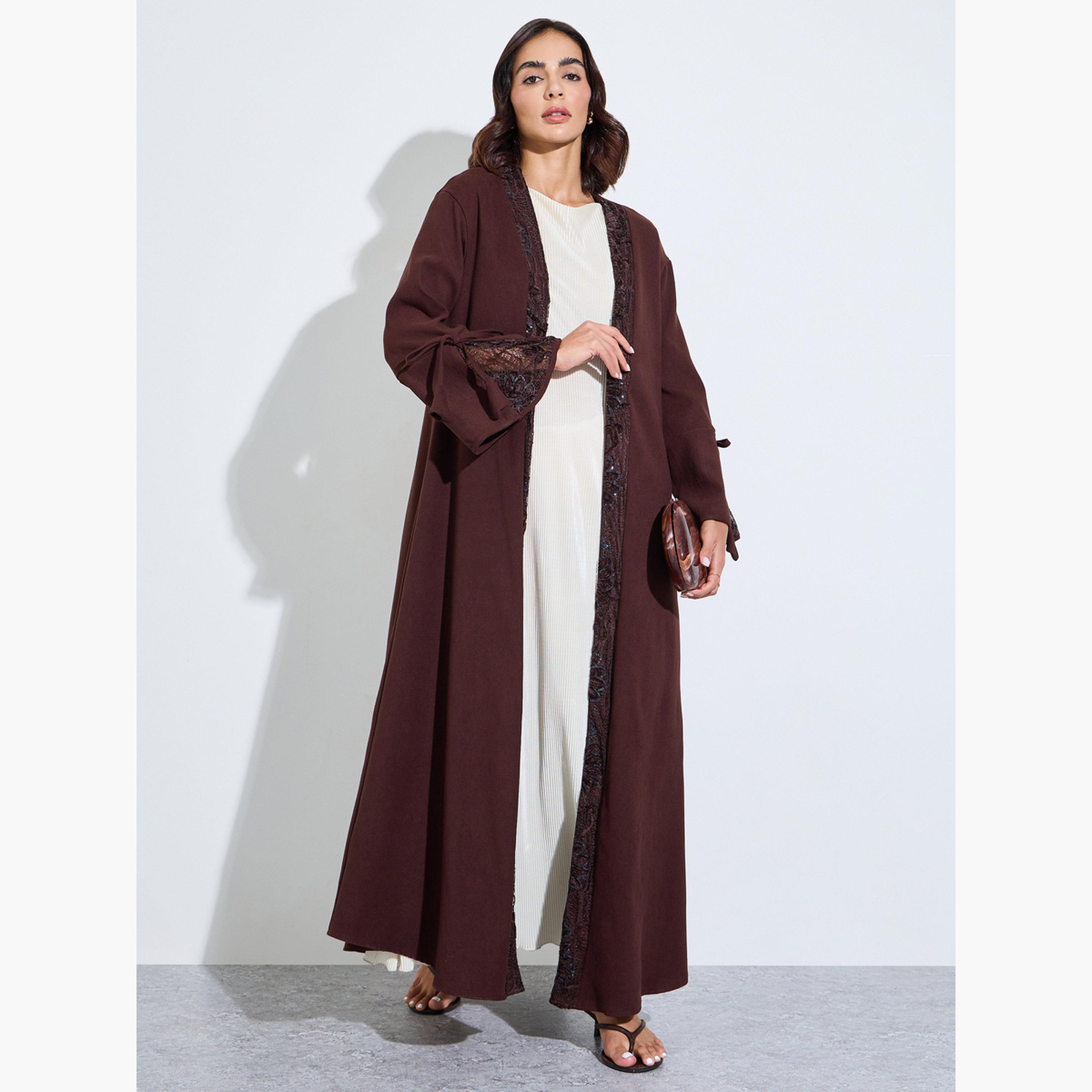عباية مفتوحة من الأمام ومطرزة لون بني-women-arabicclothing-abayas-image-1