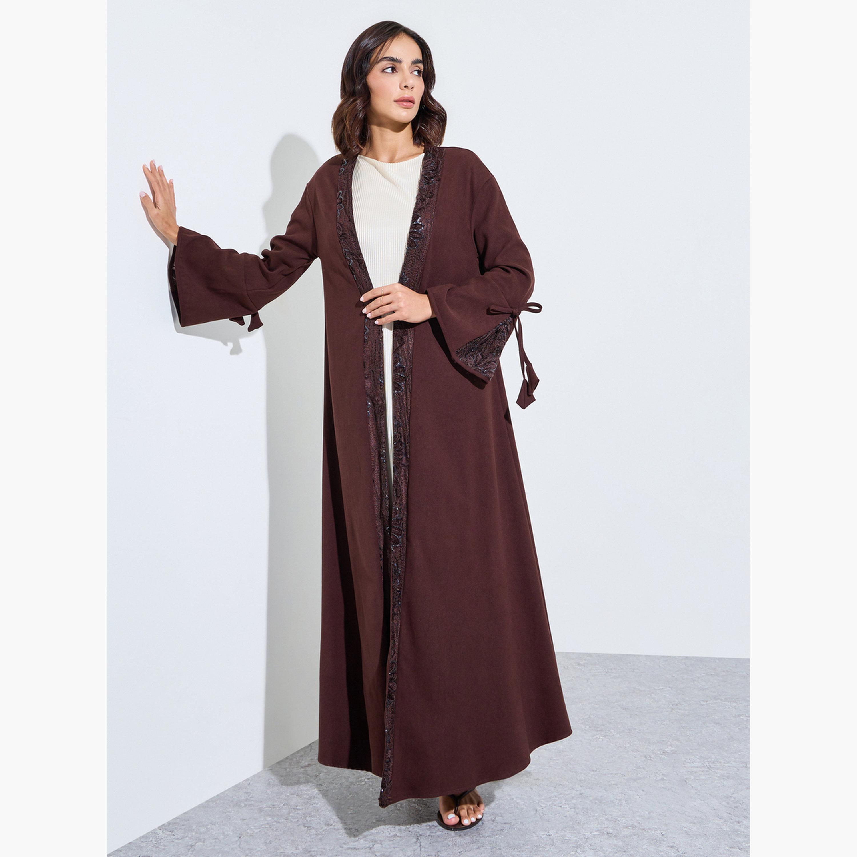 عباية مفتوحة من الأمام ومطرزة لون بني-women-arabicclothing-abayas-image-3