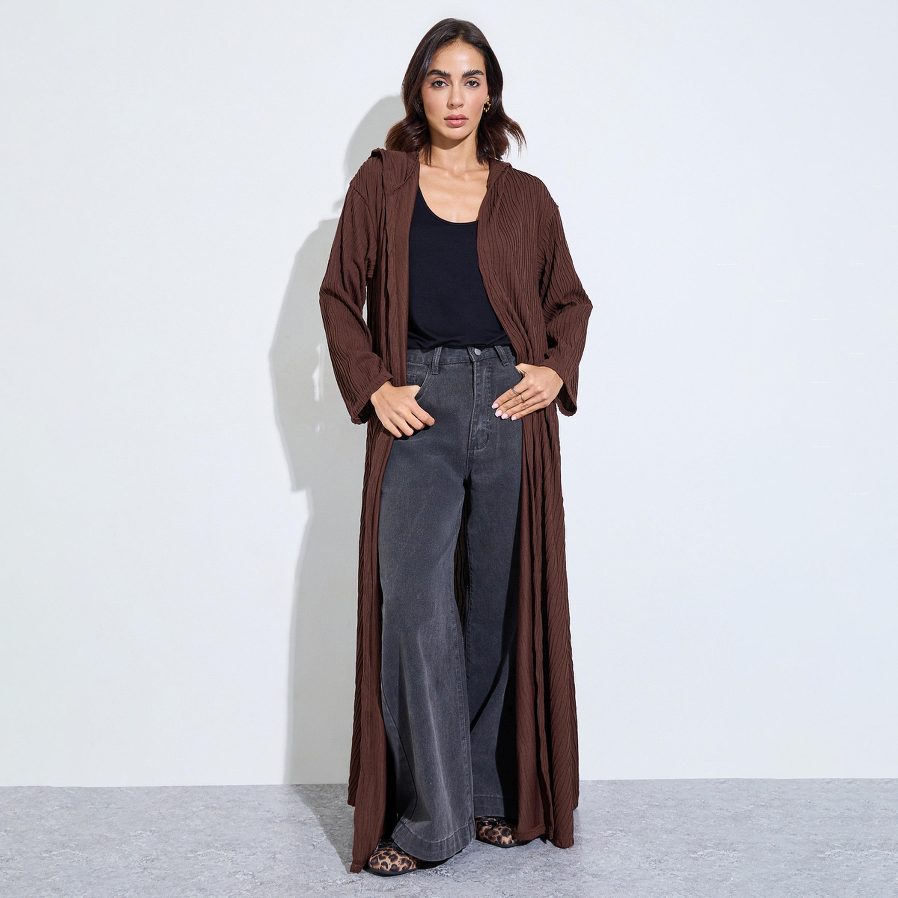 Amirah X Styli Brown Hooded Textured Open Front Abaya-women-arabicclothing-abayas-image-1